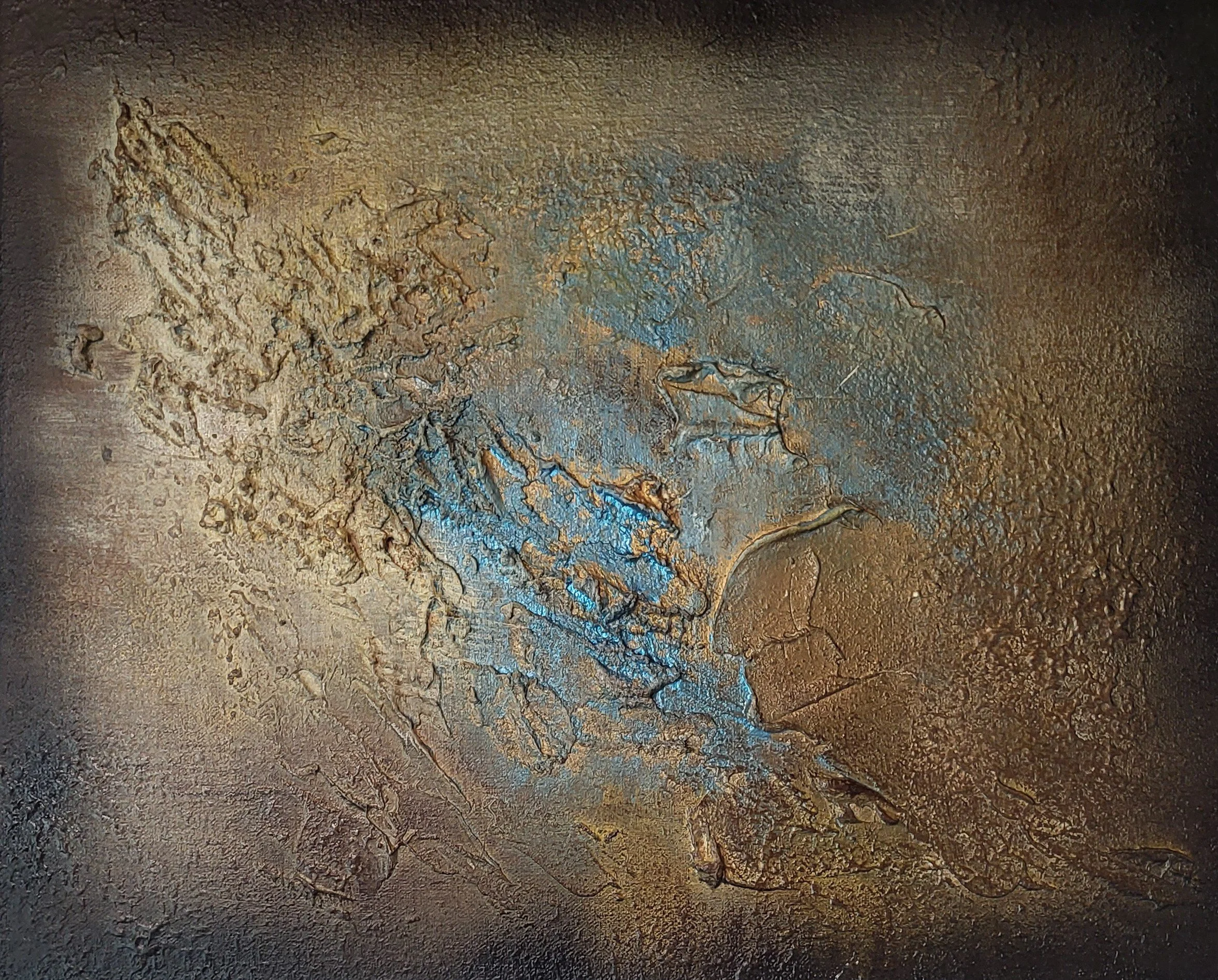 Steinsee – Abstraktes Original-Gemälde von Pia Holzinger mit haptischer Strukturpaste und Farbspray auf Leinwand.