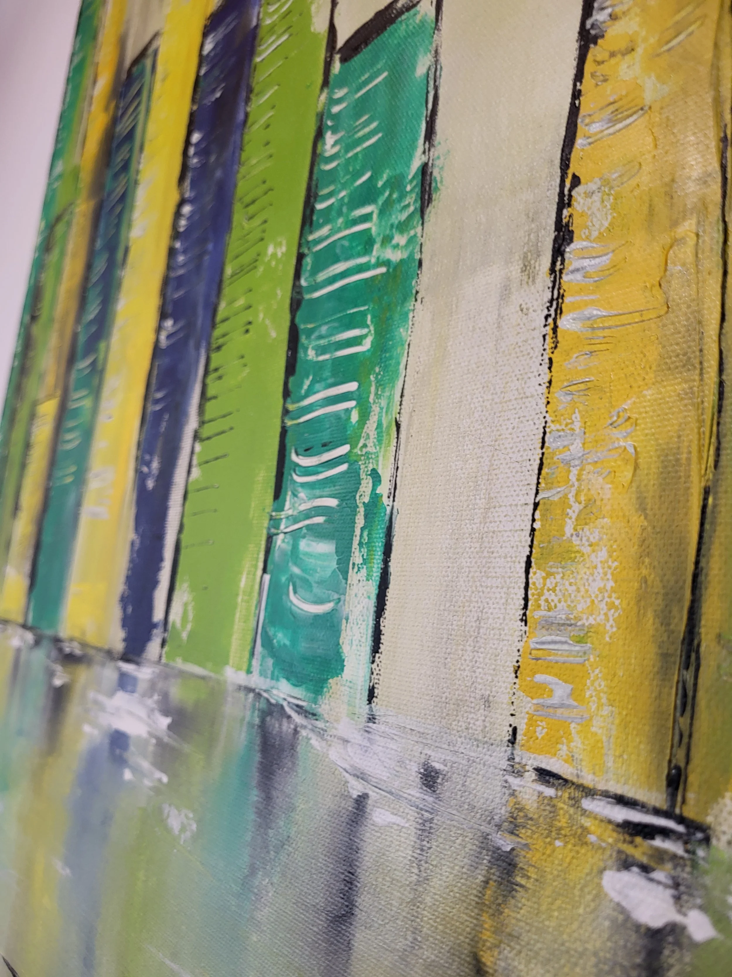 Stadt grün – Großformatiges Original-Gemälde einer Stadtlandschaft von Pia Holzinger, Acryl auf Leinwand.