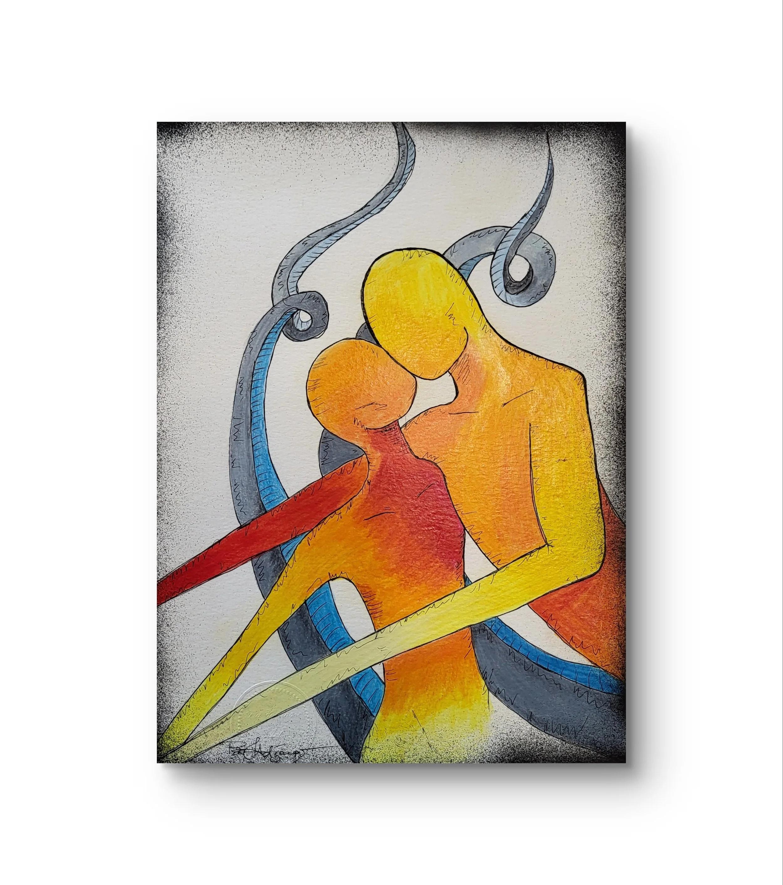 Linus & Lu octopus – Original-Illustration von Pia Holzinger: Kuss vor der Silhouette eines Octopus im Format A4.