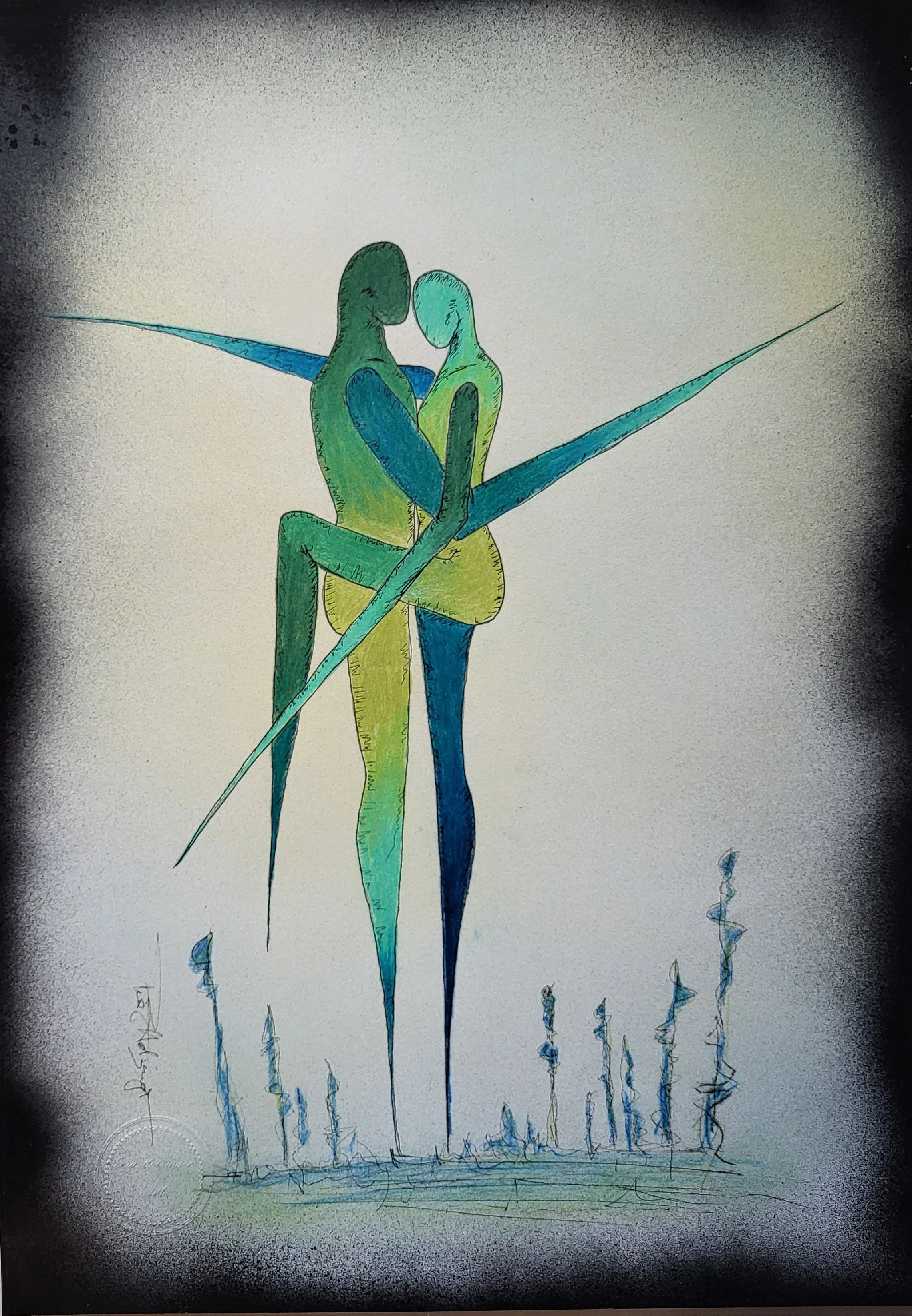 Linus & Lu grün – Original-Illustration von Pia Holzinger: Leidenschaftliche Umarmung in Bleistift und Farbspray.