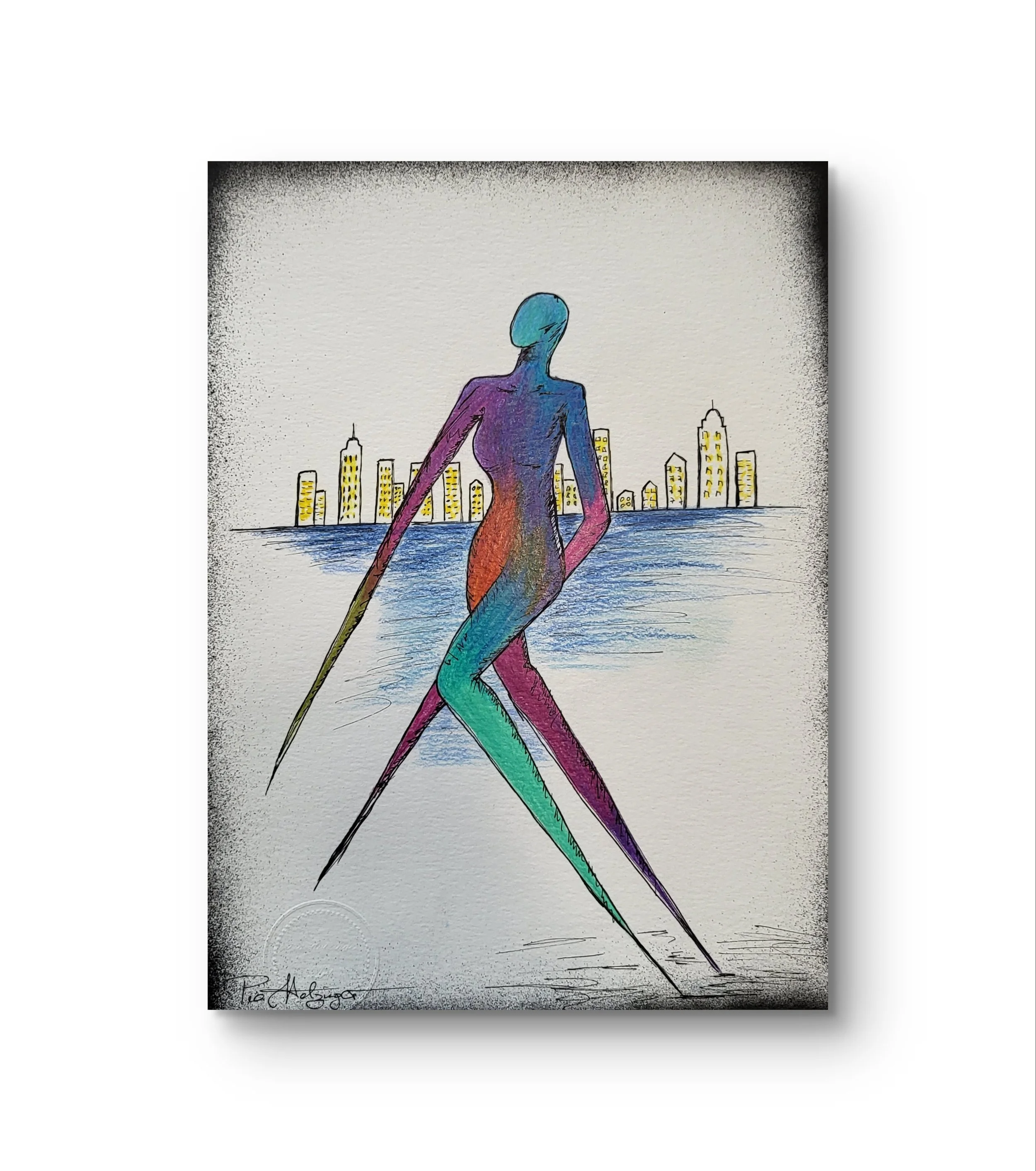 Lu in town – Original-Illustration von Pia Holzinger: Lu tanzt vor Stadt und Wasser im Format DIN A4.