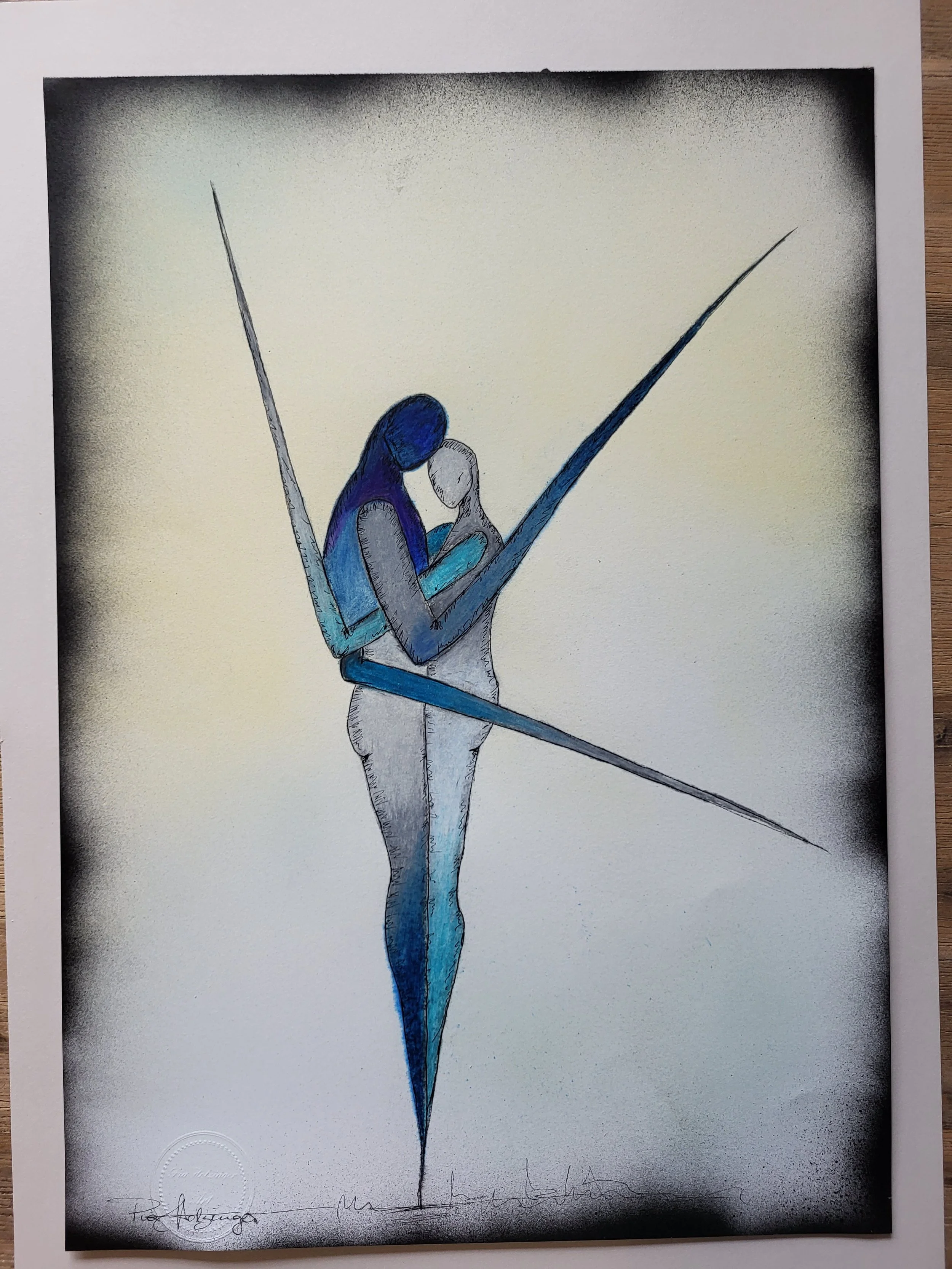 Linus & Lu Harmonie – Original-Illustration von Pia Holzinger, Zeichnung mit Bleistift, Fasermaler und Farbspray.