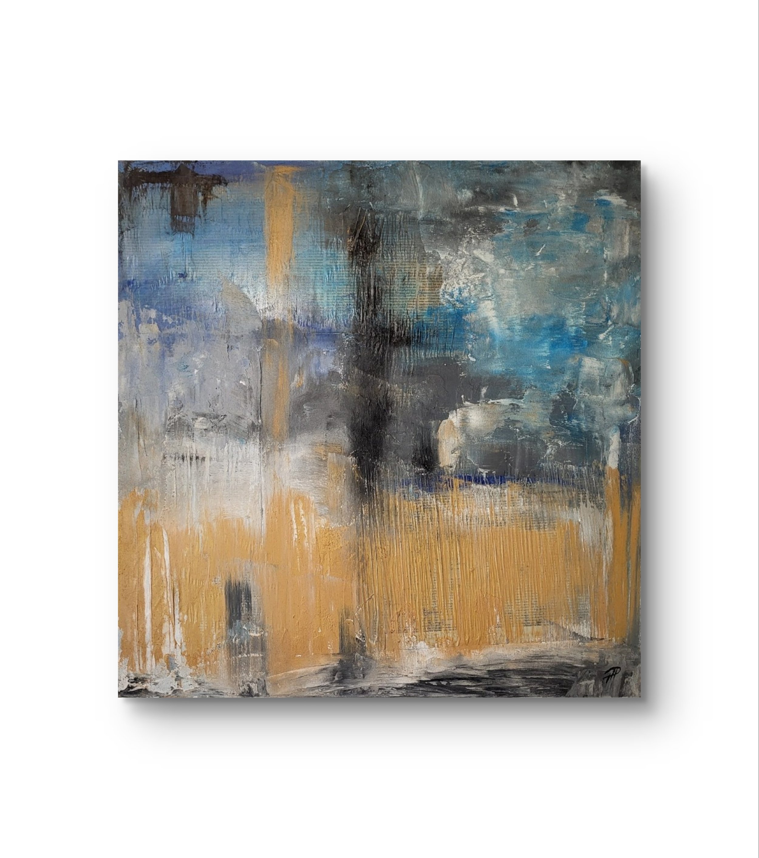 Paper – Quadratisches Original-Gemälde von Pia Holzinger mit Zeitungscollage, Acryl und Strukturpaste auf Leinwand.
