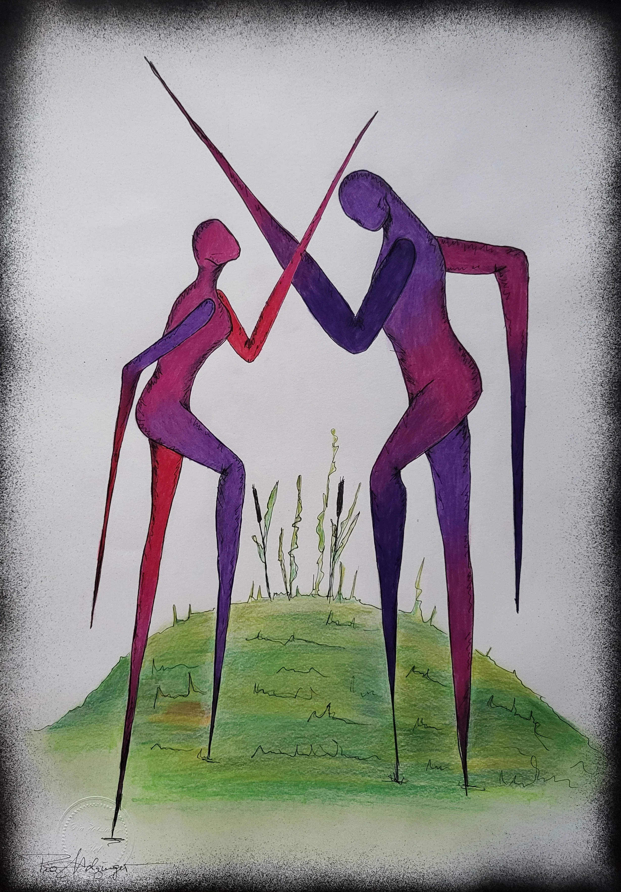 Linus & Lu Fight – Original-Illustration von Pia Holzinger: Dynamische Zeichnung eines Konflikts in Bleistift und Farbspray.