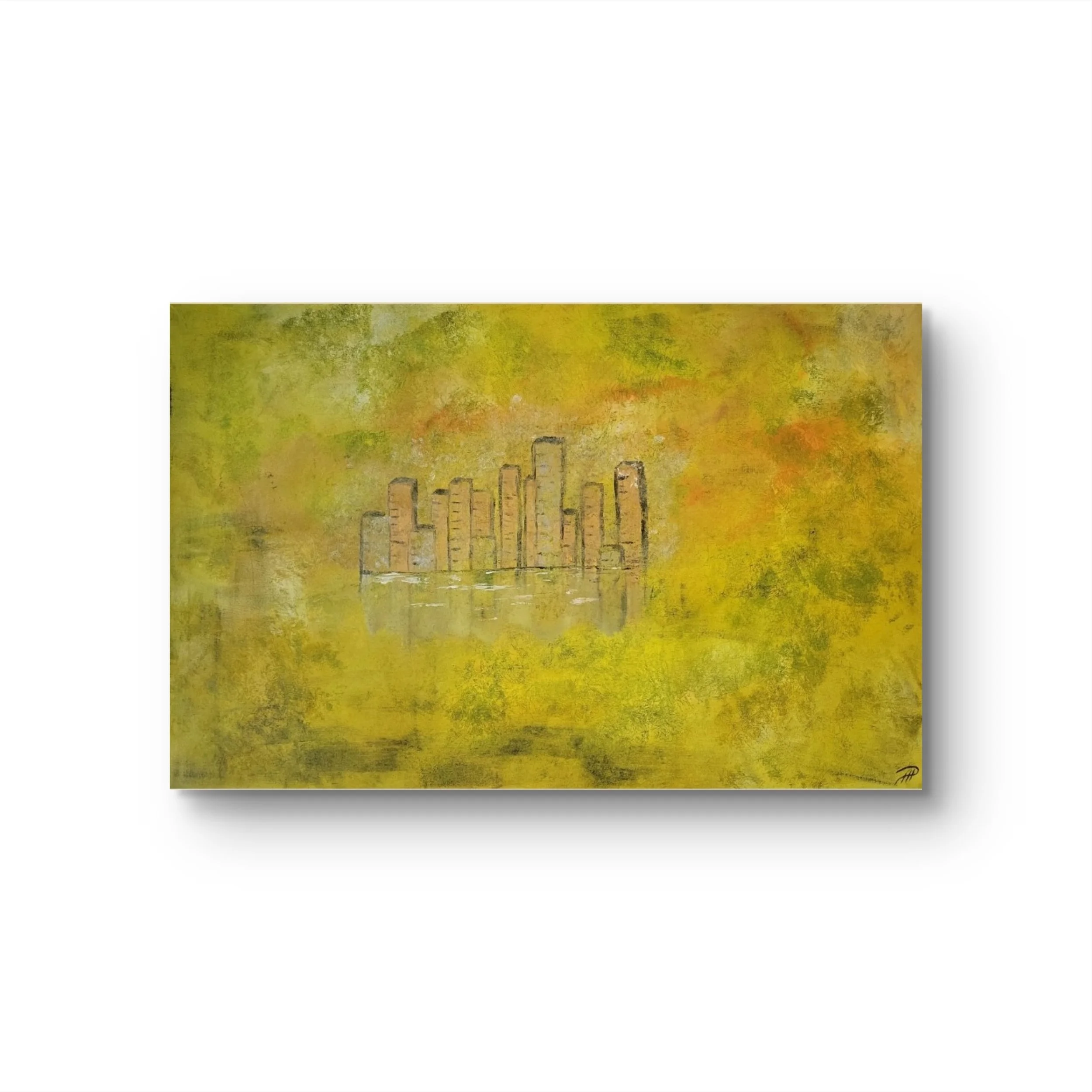 Stadt gelb – Großformatiges Original-Gemälde einer Stadtlandschaft von Pia Holzinger, Acryl auf Leinwand.