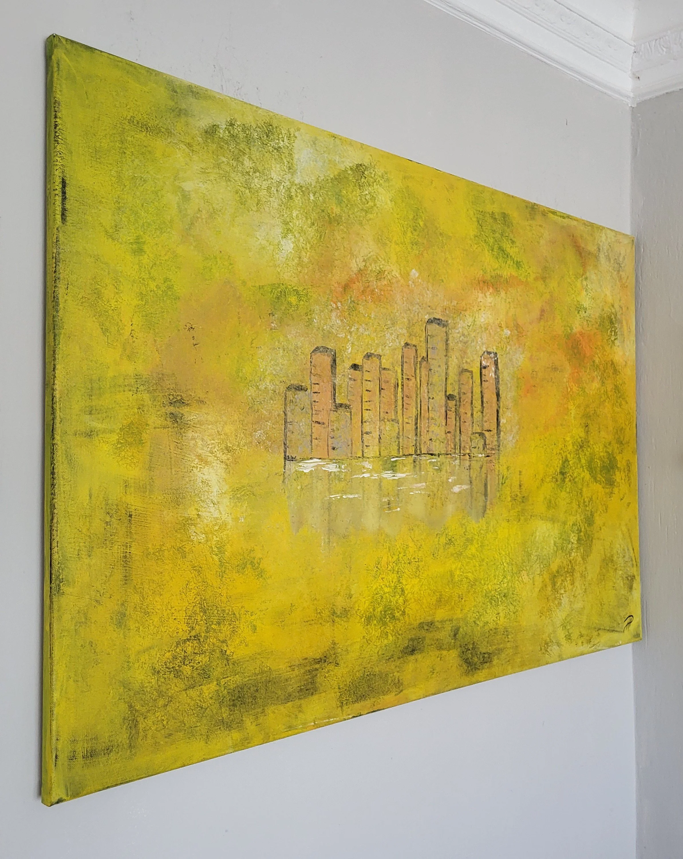 Stadt gelb – Großformatiges Original-Gemälde einer Stadtlandschaft von Pia Holzinger, Acryl auf Leinwand.