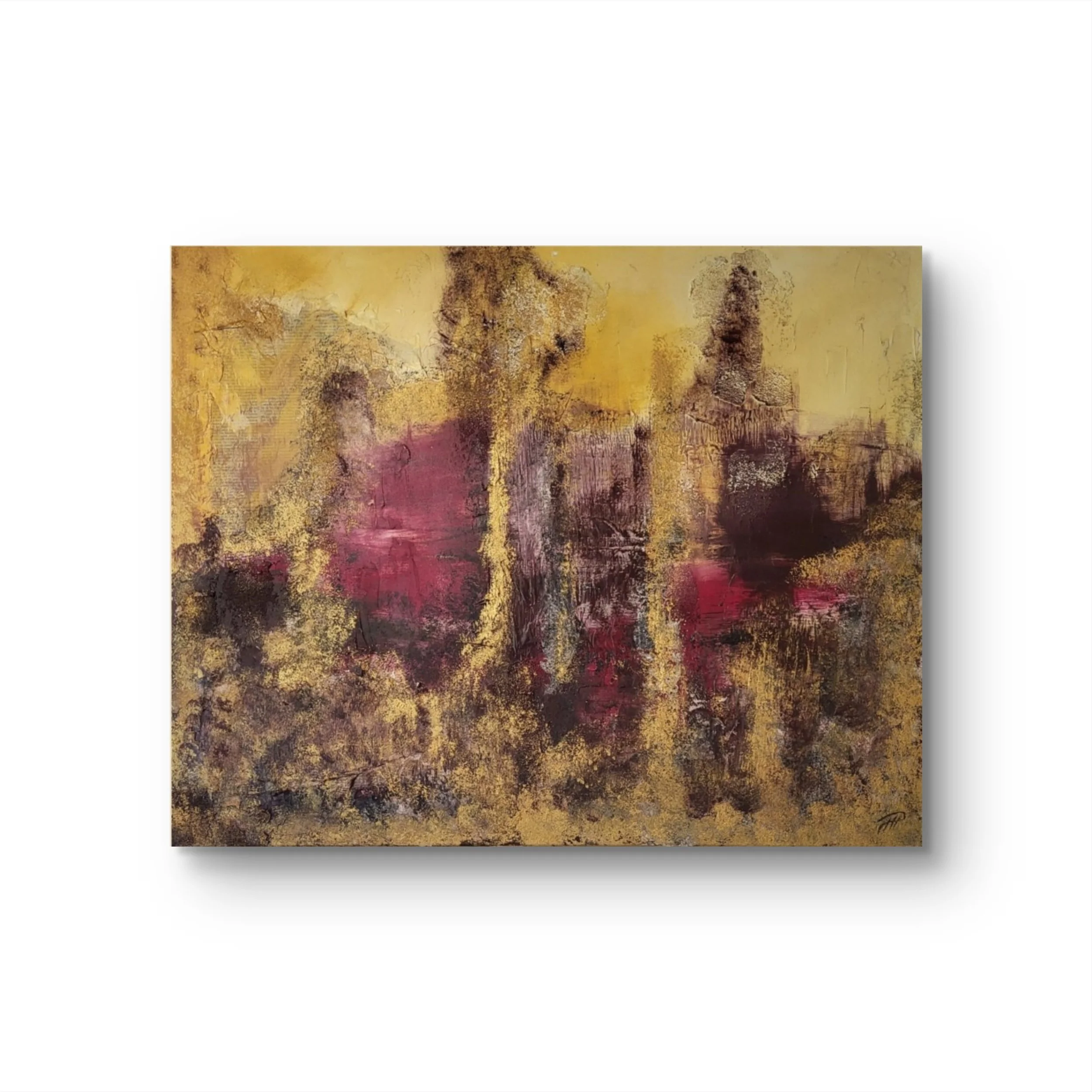 Red Spirit – Original-Gemälde von Pia Holzinger mit roter Acrylfarbe, Zeitungscollage und Strukturpaste auf Leinwand.