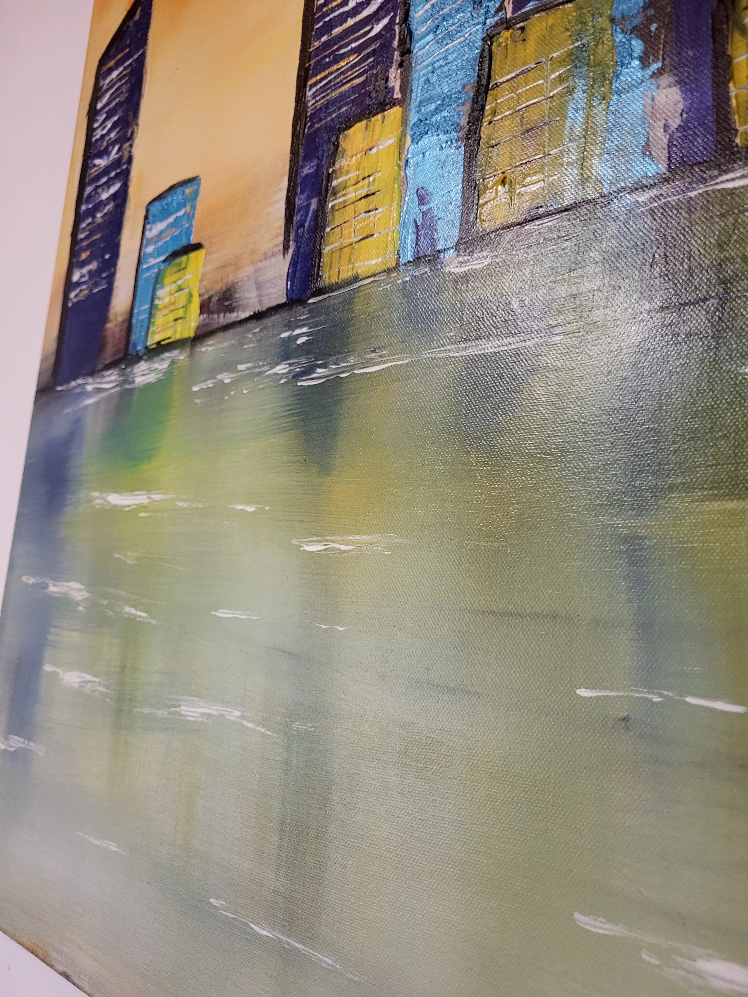 Stadt orange – Original-Gemälde einer abstrakten Stadtlandschaft von Pia Holzinger, Acryl auf Leinwand.