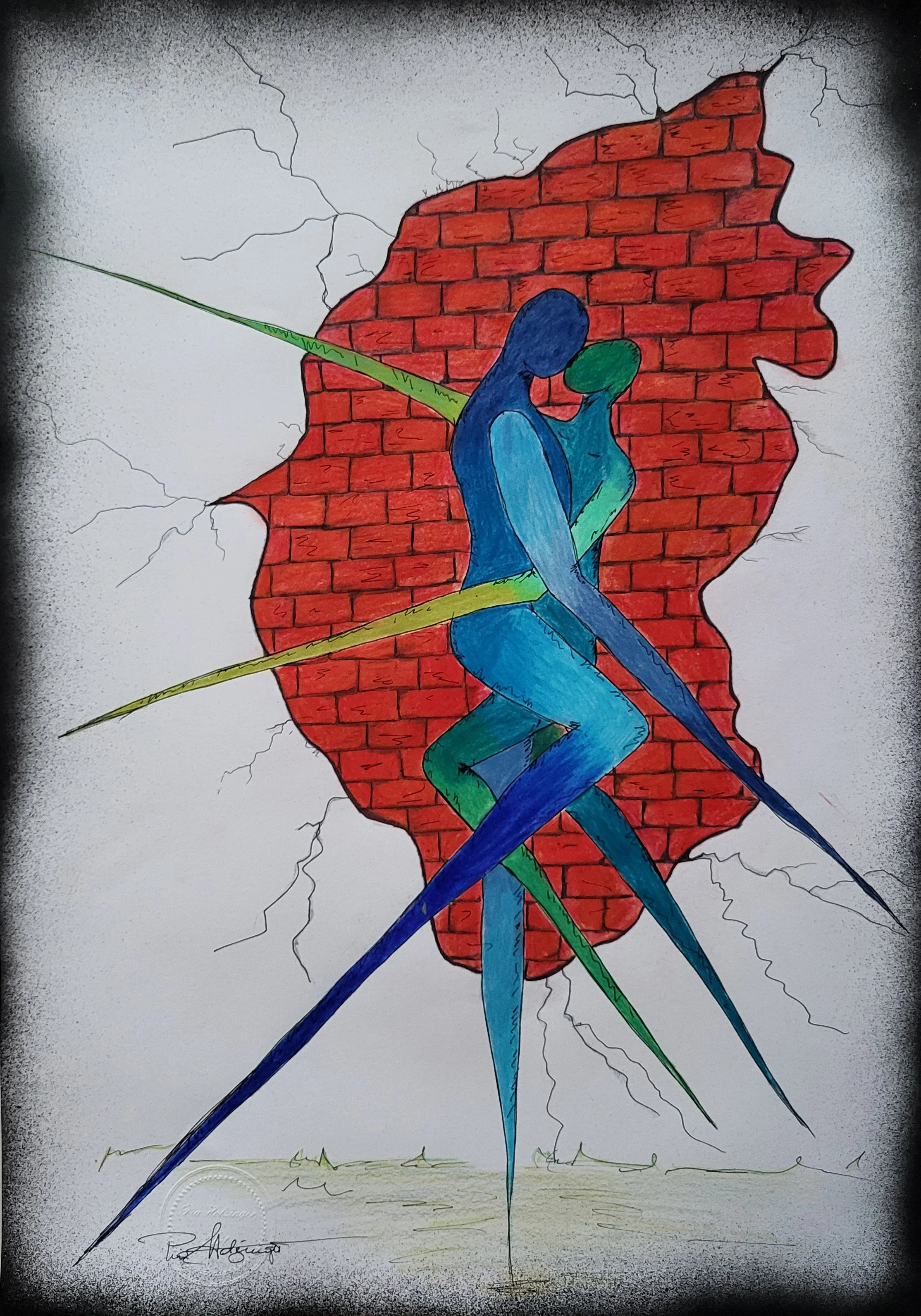 Linus & Lu Bricks – Original-Illustration von Pia Holzinger: Leidenschaftlicher Kuss vor einer Ziegelmauer, Bleistift und Farbspray.