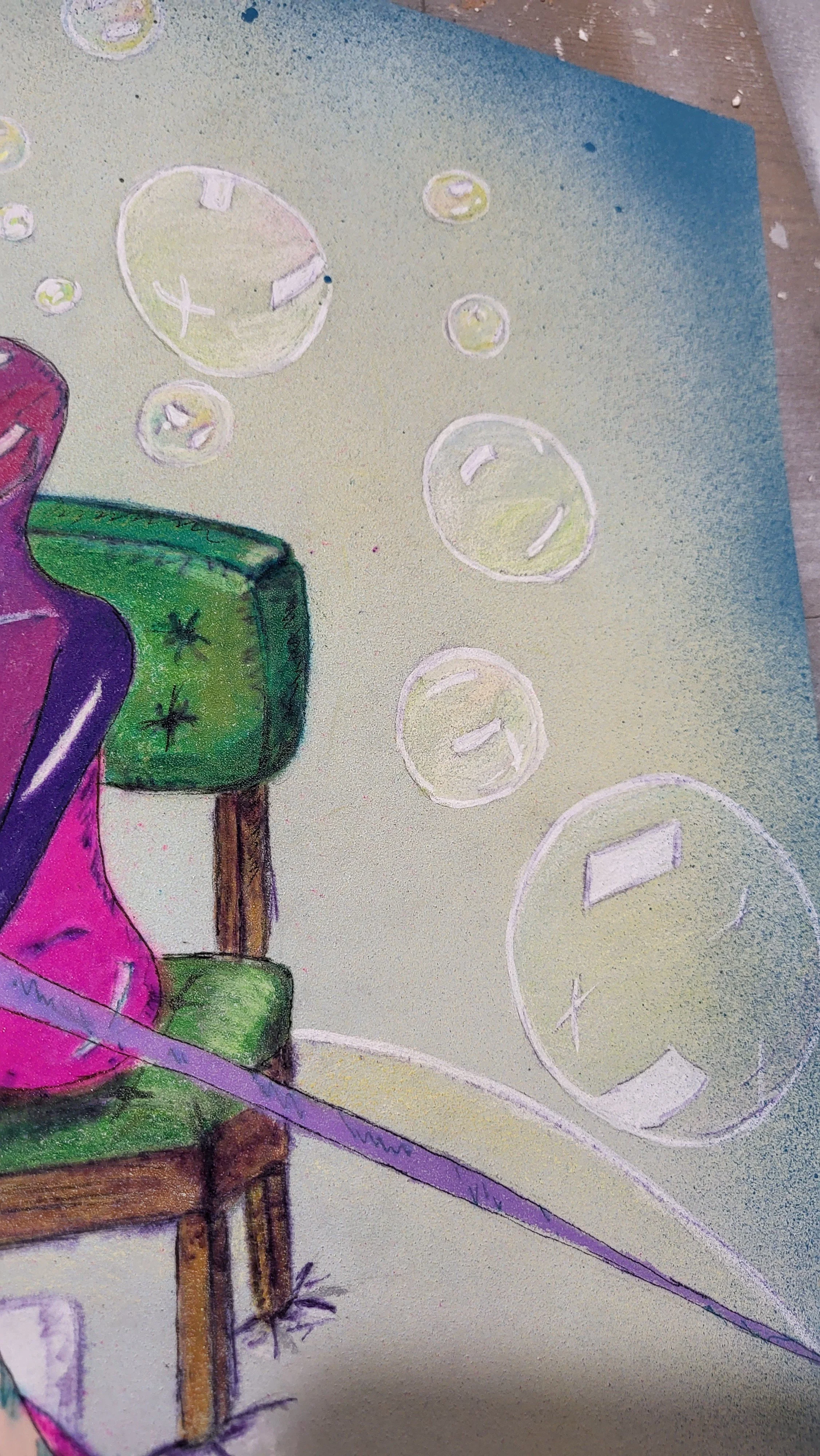 Lu bubbles – Original-Illustration von Pia Holzinger aus der Serie Linus und Lu, Bleistift und Farbspray.