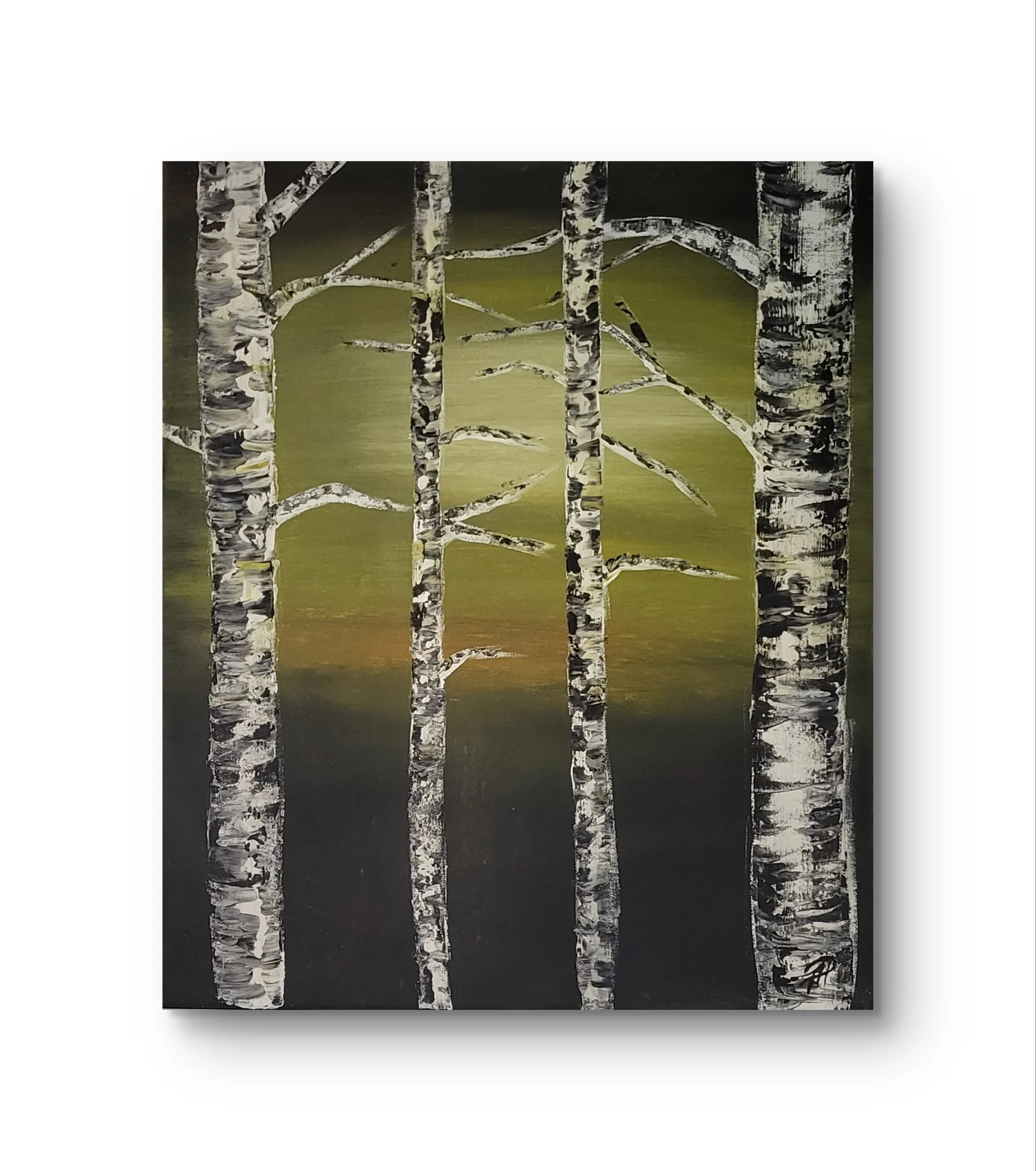 Birken bei Nacht – Atmosphärisches Original-Gemälde von Pia Holzinger, Acryl auf Leinwand.