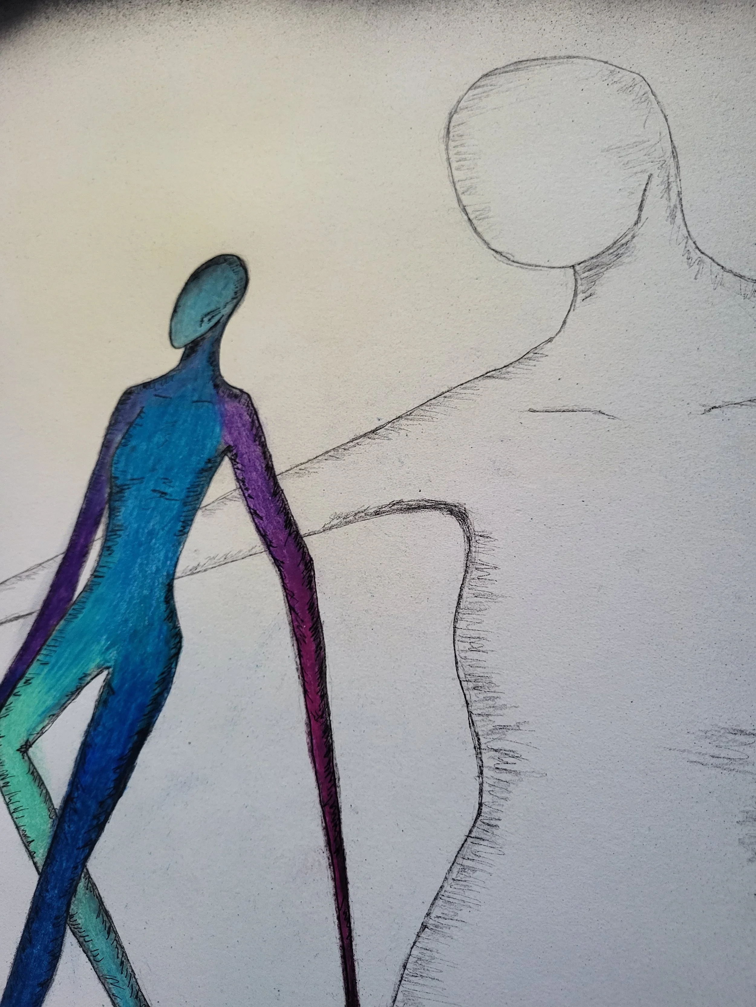 Lu memories – Original-Illustration von Pia Holzinger: Lu allein mit einer großen, durchsichtigen Silhouette im Hintergrund.