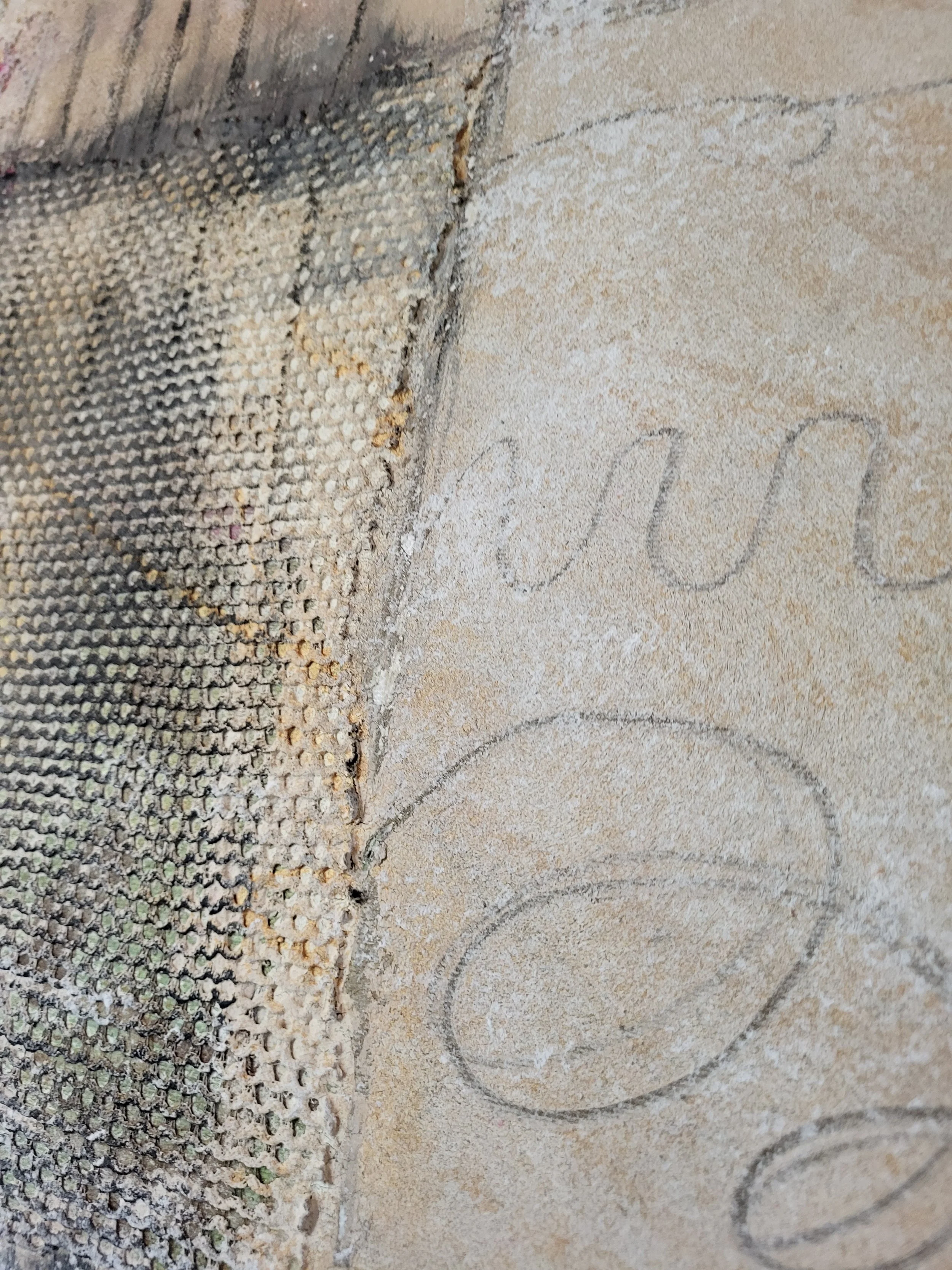 Vier – Abstraktes Original-Wandobjekt von Pia Holzinger mit Obstnetz, Ostergras aus Papier und Strukturpaste auf Leinwand.