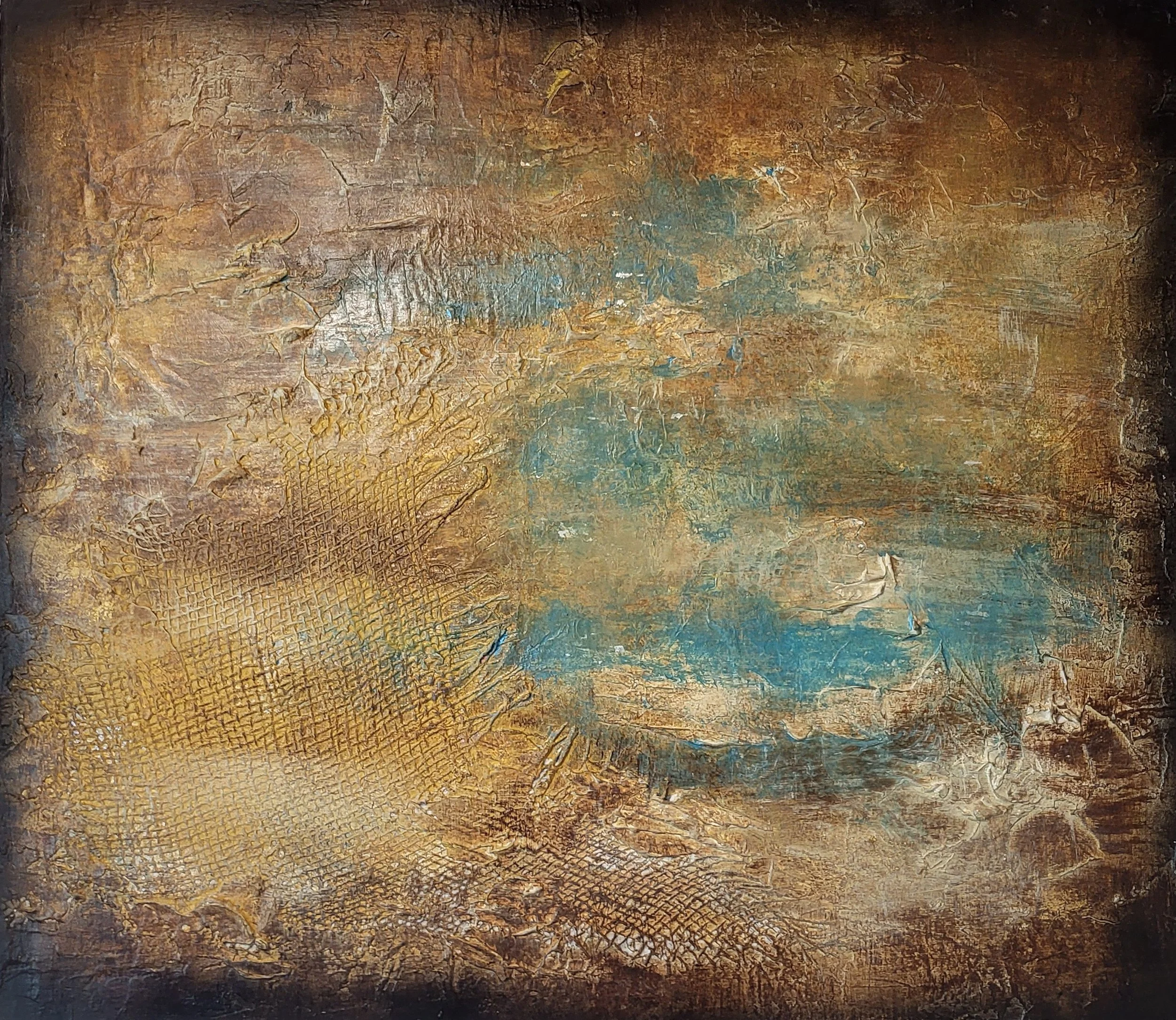 Teich – Abstraktes Original-Wandobjekt von Pia Holzinger mit Jutenetz, Farbspray und Strukturpaste auf Leinwand.