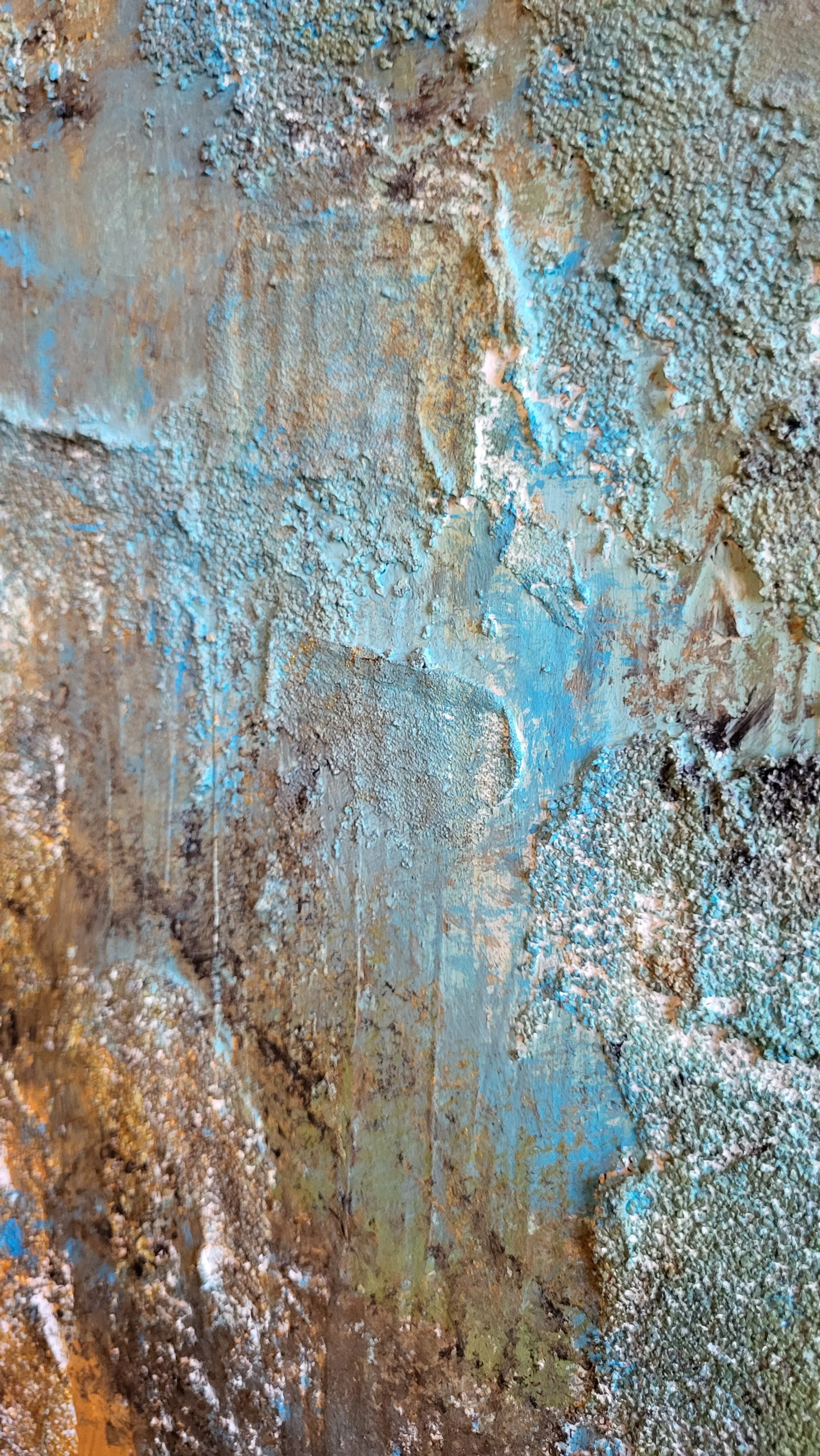 Perfect Match – Abstraktes Original-Gemälde von Pia Holzinger mit Zeitungscollage und grober Strukturpaste auf Leinwand.