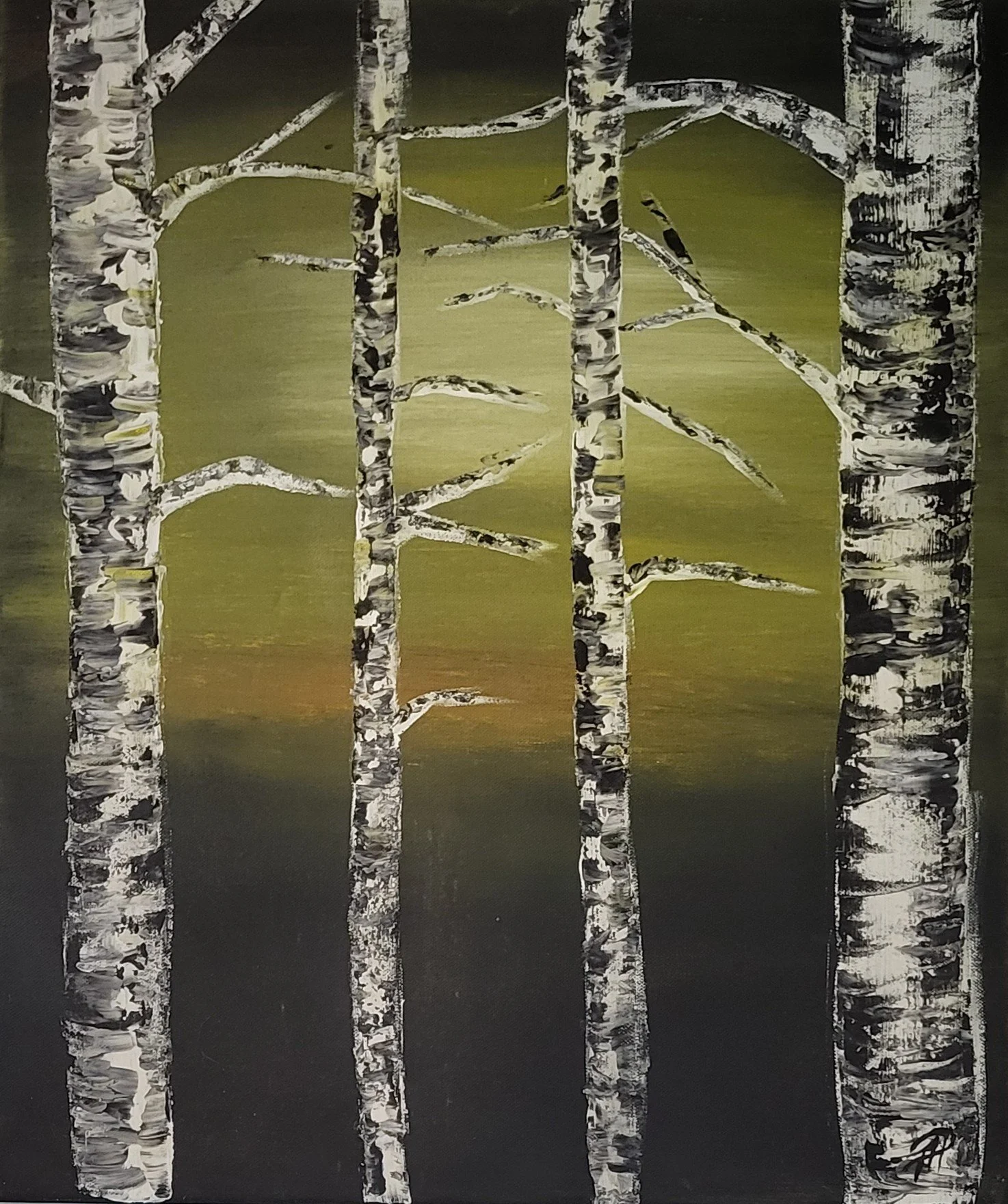 Birken bei Nacht – Atmosphärisches Original-Gemälde von Pia Holzinger, Acryl auf Leinwand.