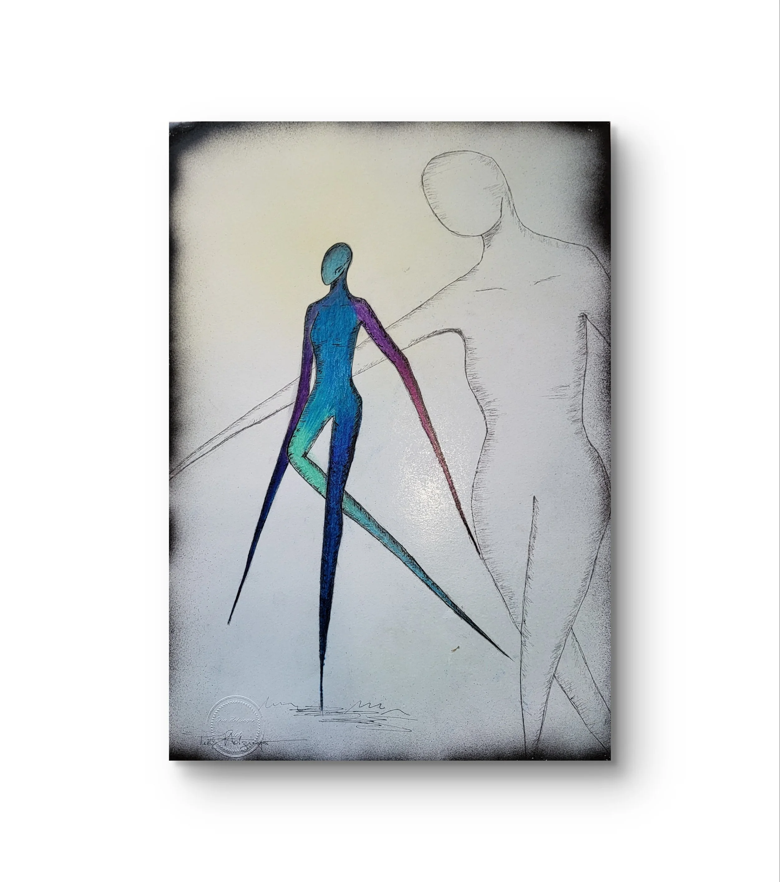 Lu memories – Original-Illustration von Pia Holzinger: Lu allein mit einer großen, durchsichtigen Silhouette im Hintergrund.