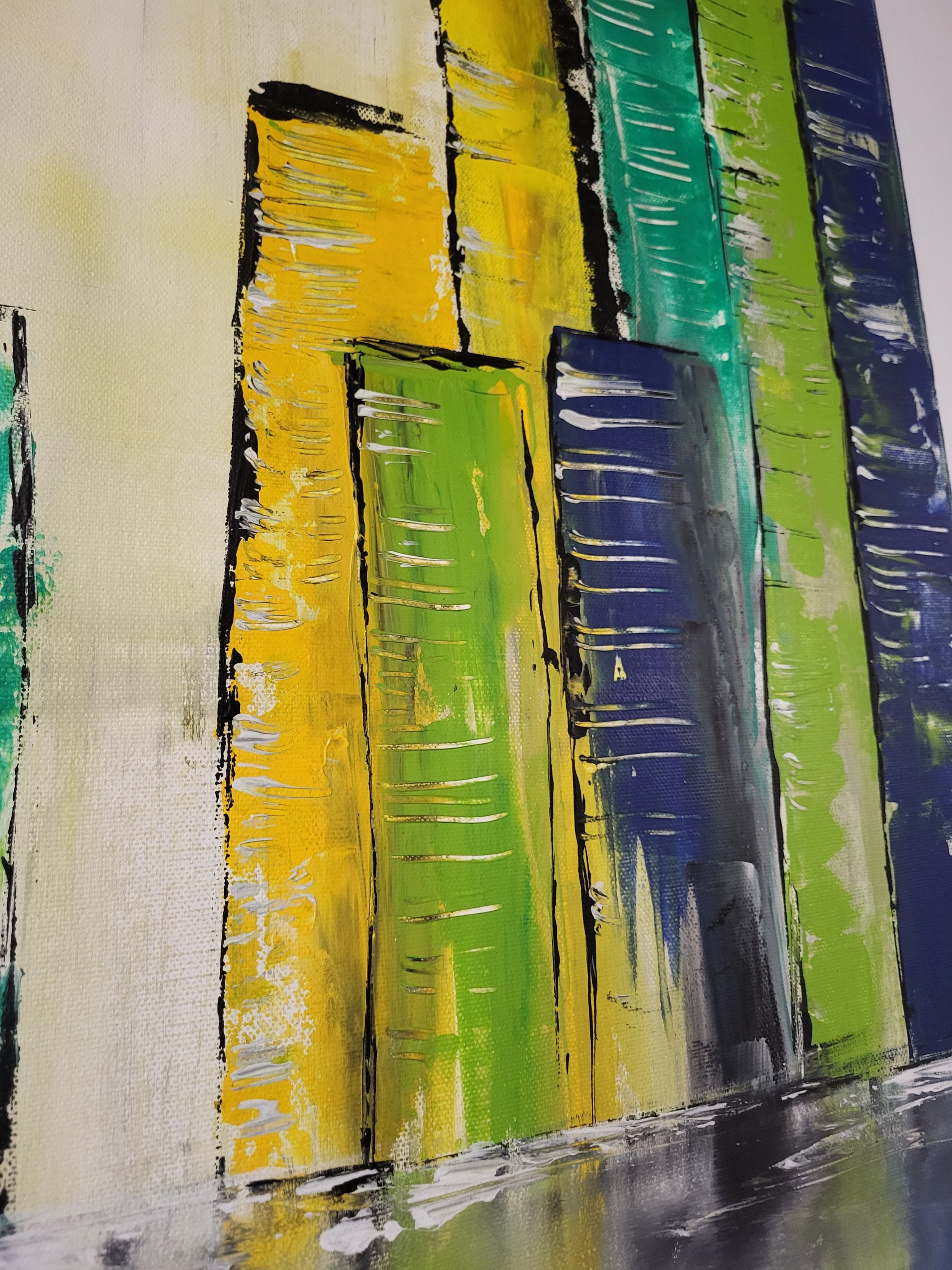 Stadt grün – Großformatiges Original-Gemälde einer Stadtlandschaft von Pia Holzinger, Acryl auf Leinwand.