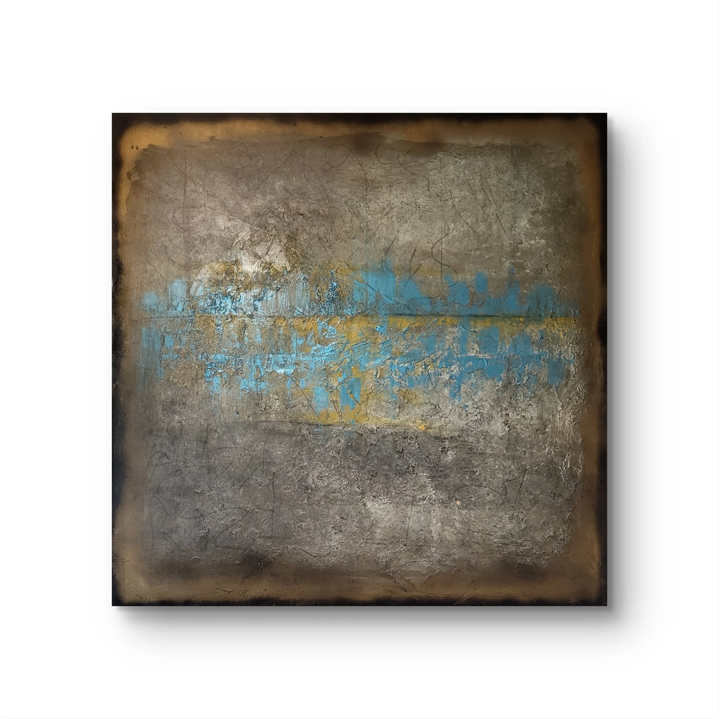 Stony – Großformatiges, quadratisches Original-Gemälde von Pia Holzinger mit steinähnlicher Strukturpaste auf Leinwand.