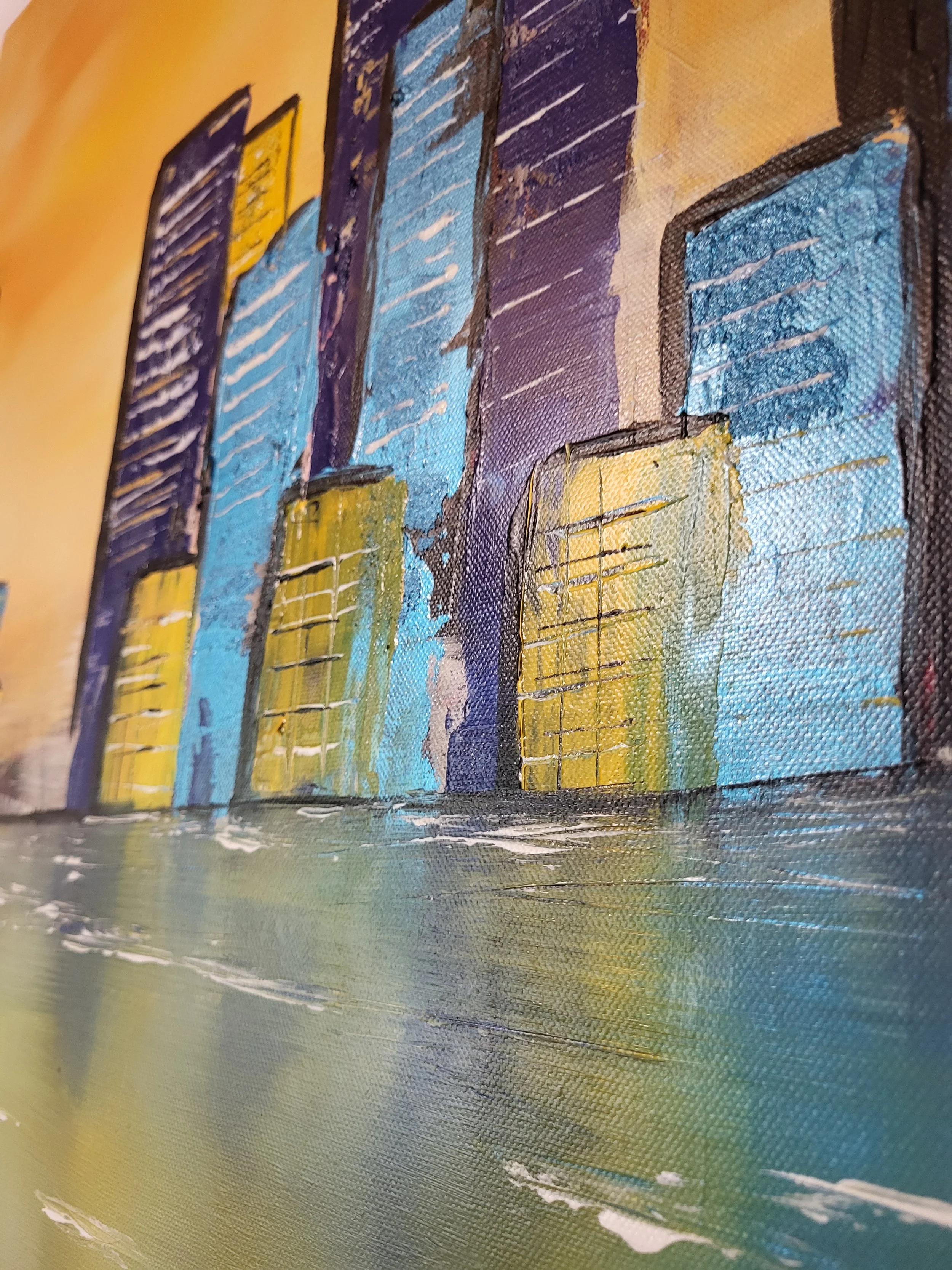 Stadt orange – Original-Gemälde einer abstrakten Stadtlandschaft von Pia Holzinger, Acryl auf Leinwand.