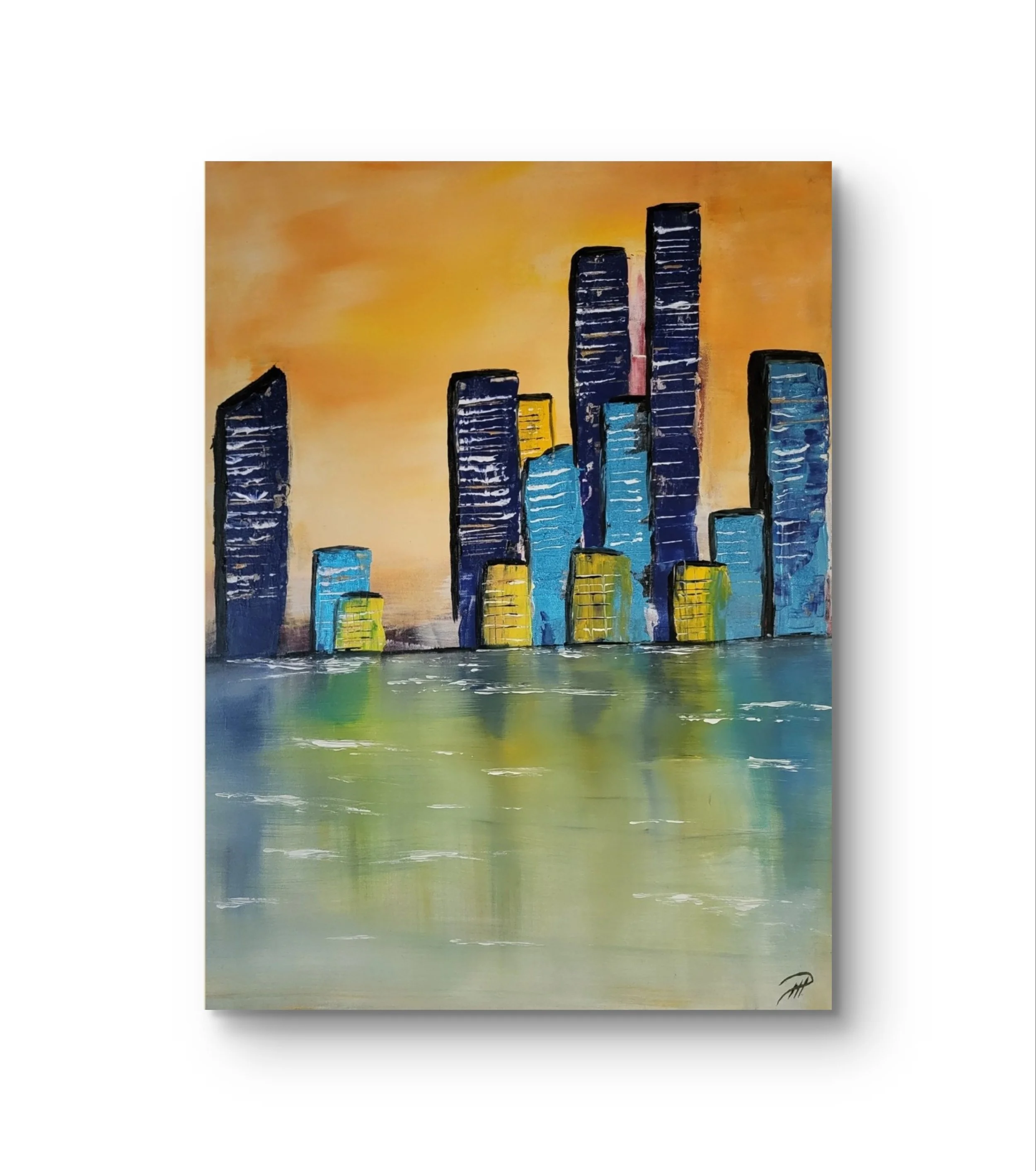 Stadt orange – Original-Gemälde einer abstrakten Stadtlandschaft von Pia Holzinger, Acryl auf Leinwand.