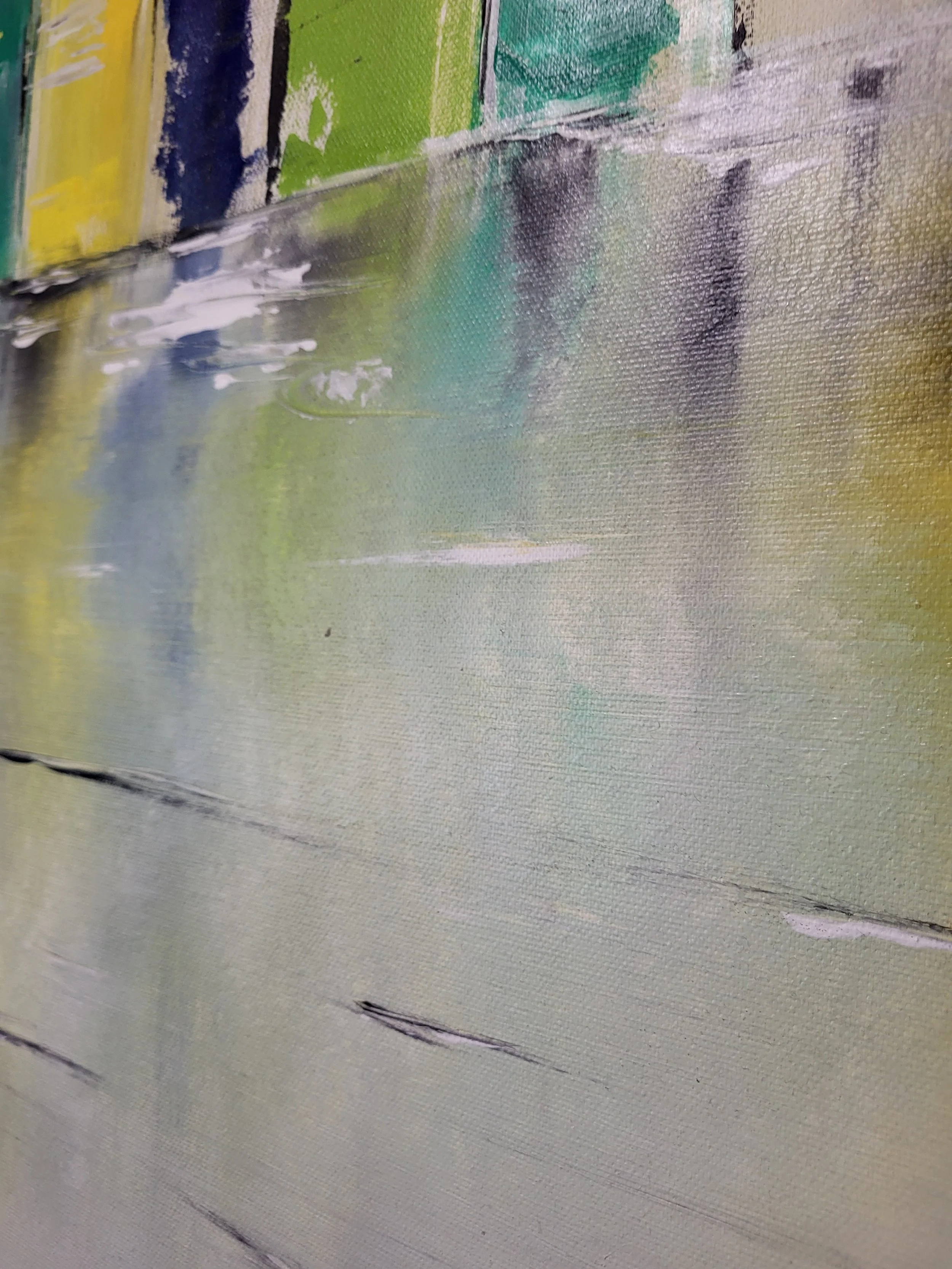 Stadt grün – Großformatiges Original-Gemälde einer Stadtlandschaft von Pia Holzinger, Acryl auf Leinwand.