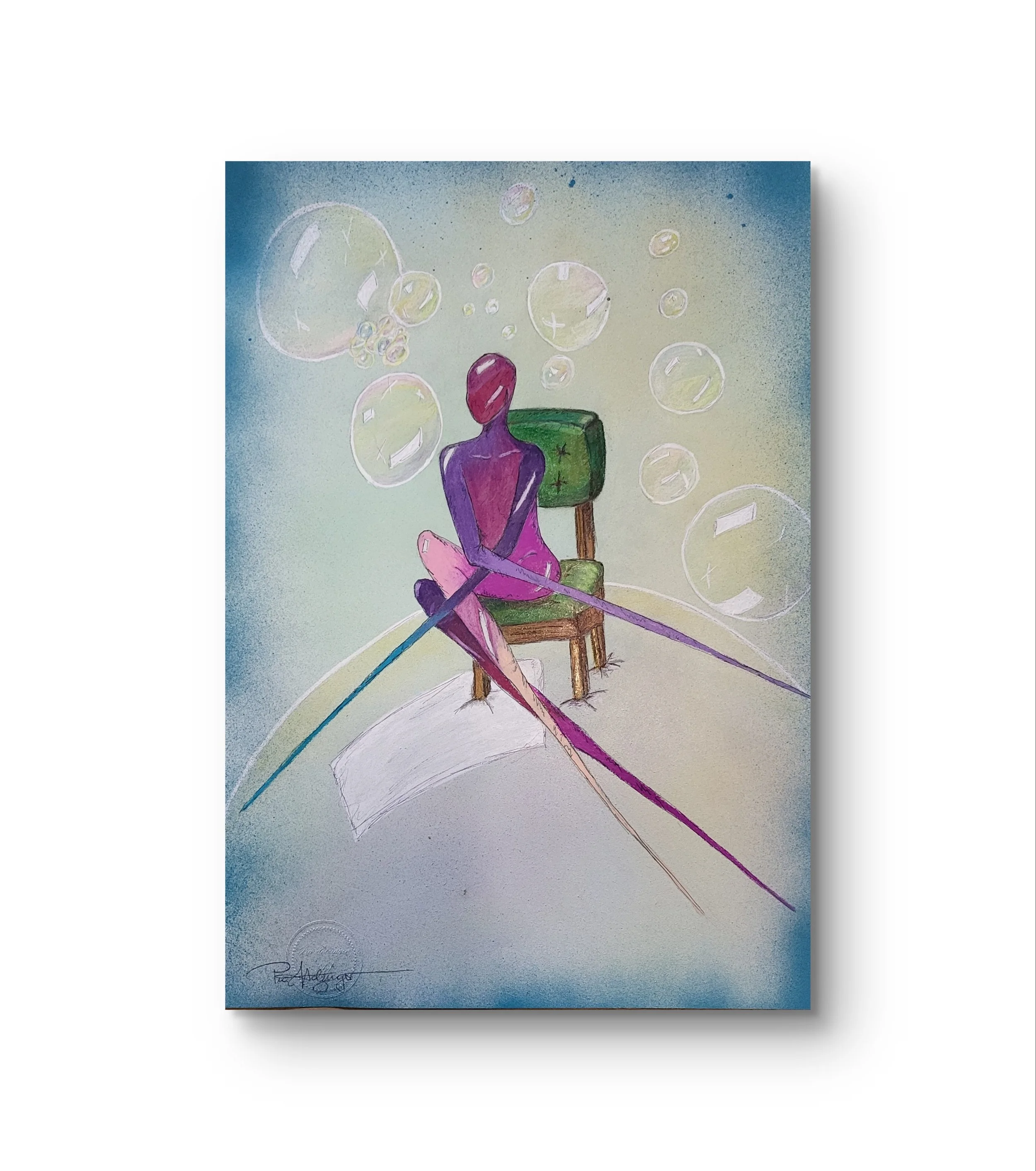 Lu bubbles – Original-Illustration von Pia Holzinger aus der Serie Linus und Lu, Bleistift und Farbspray.