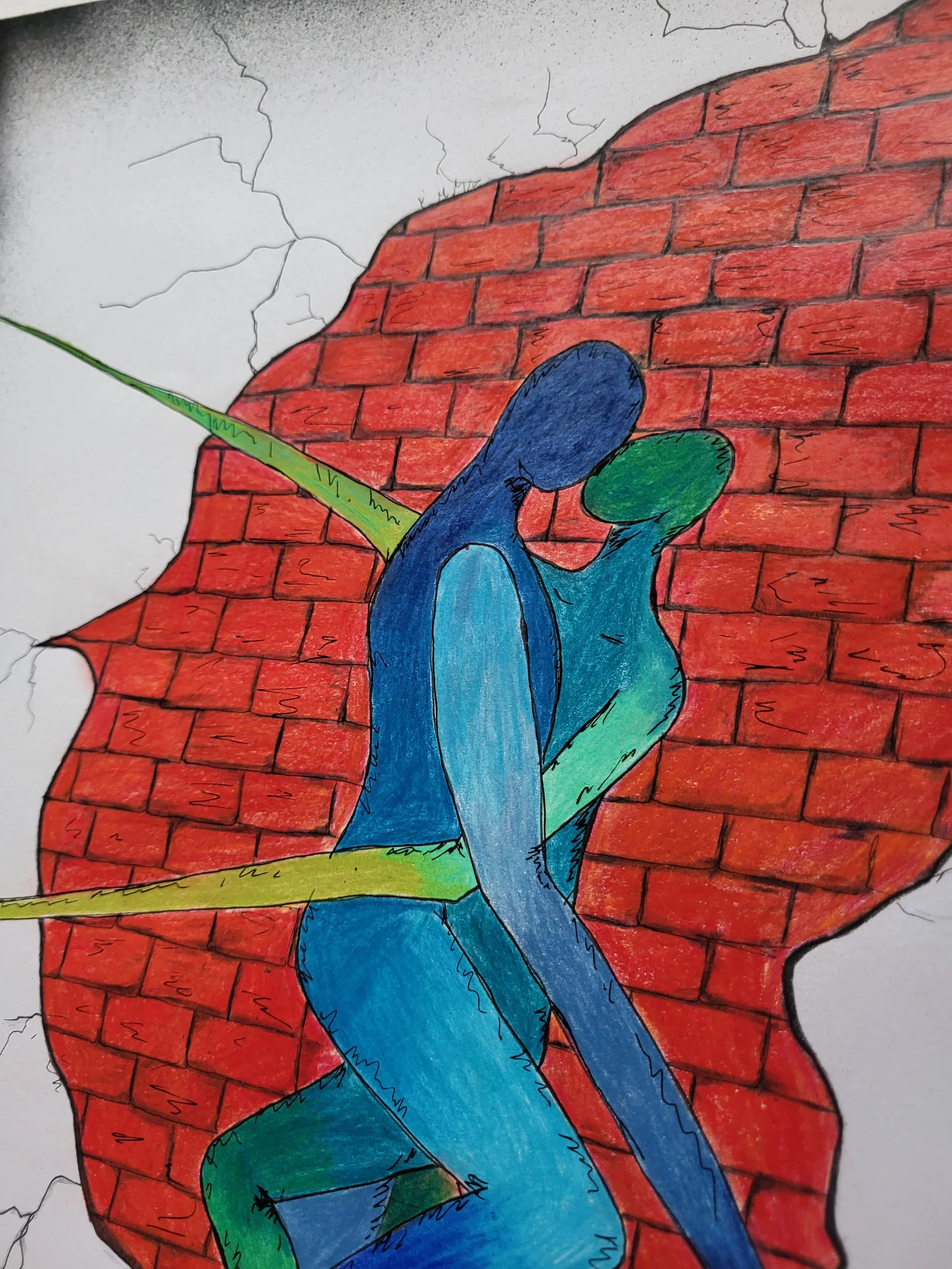 Linus & Lu Bricks – Original-Illustration von Pia Holzinger: Leidenschaftlicher Kuss vor einer Ziegelmauer, Bleistift und Farbspray.
