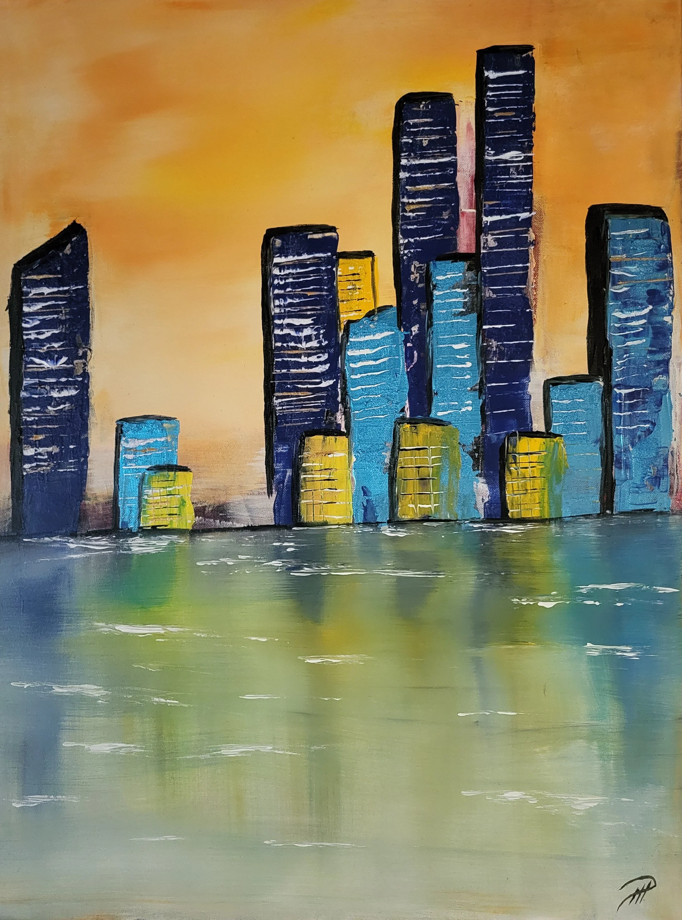 Stadt orange – Original-Gemälde einer abstrakten Stadtlandschaft von Pia Holzinger, Acryl auf Leinwand.