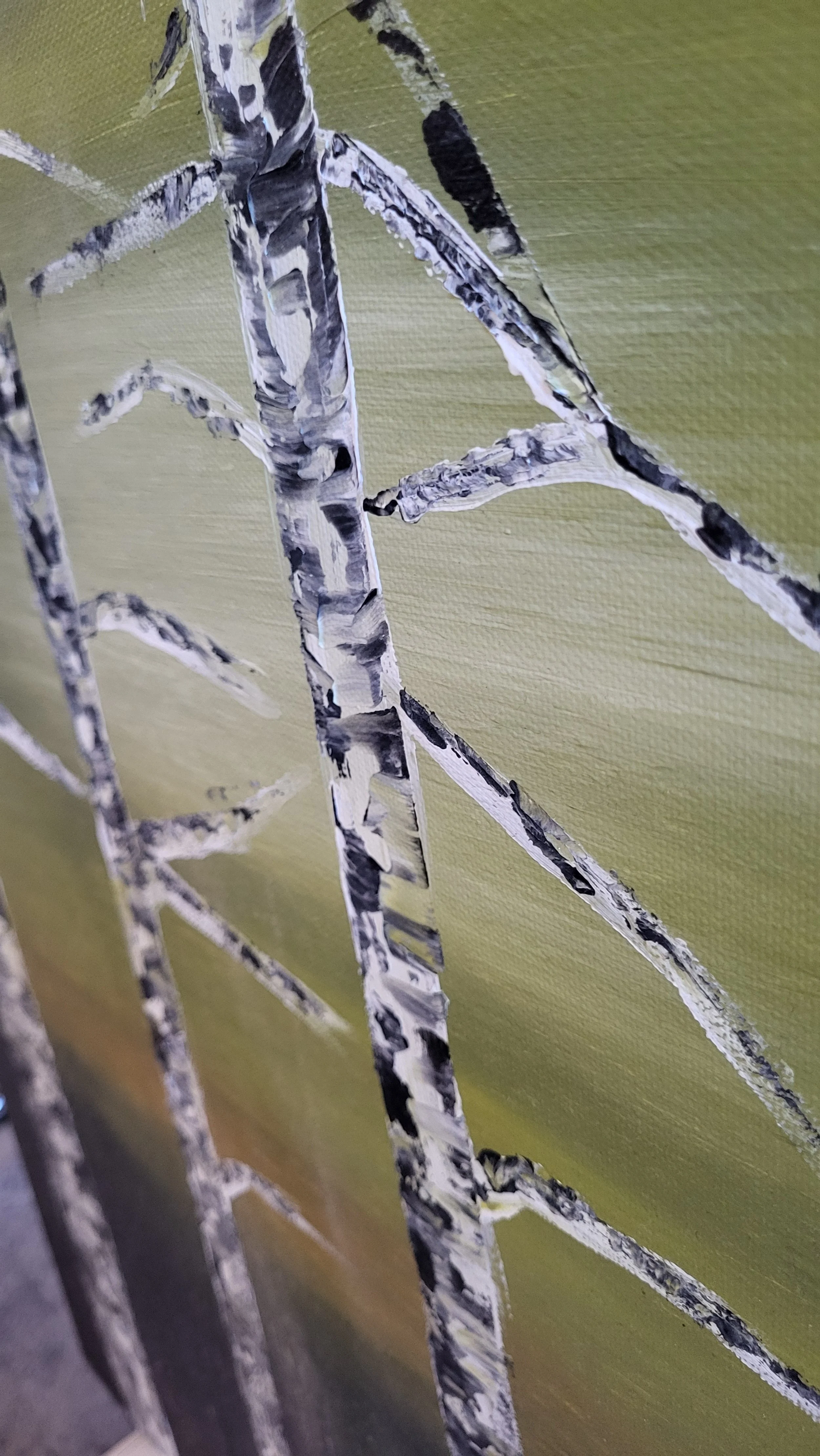 Birken bei Nacht – Atmosphärisches Original-Gemälde von Pia Holzinger, Acryl auf Leinwand.