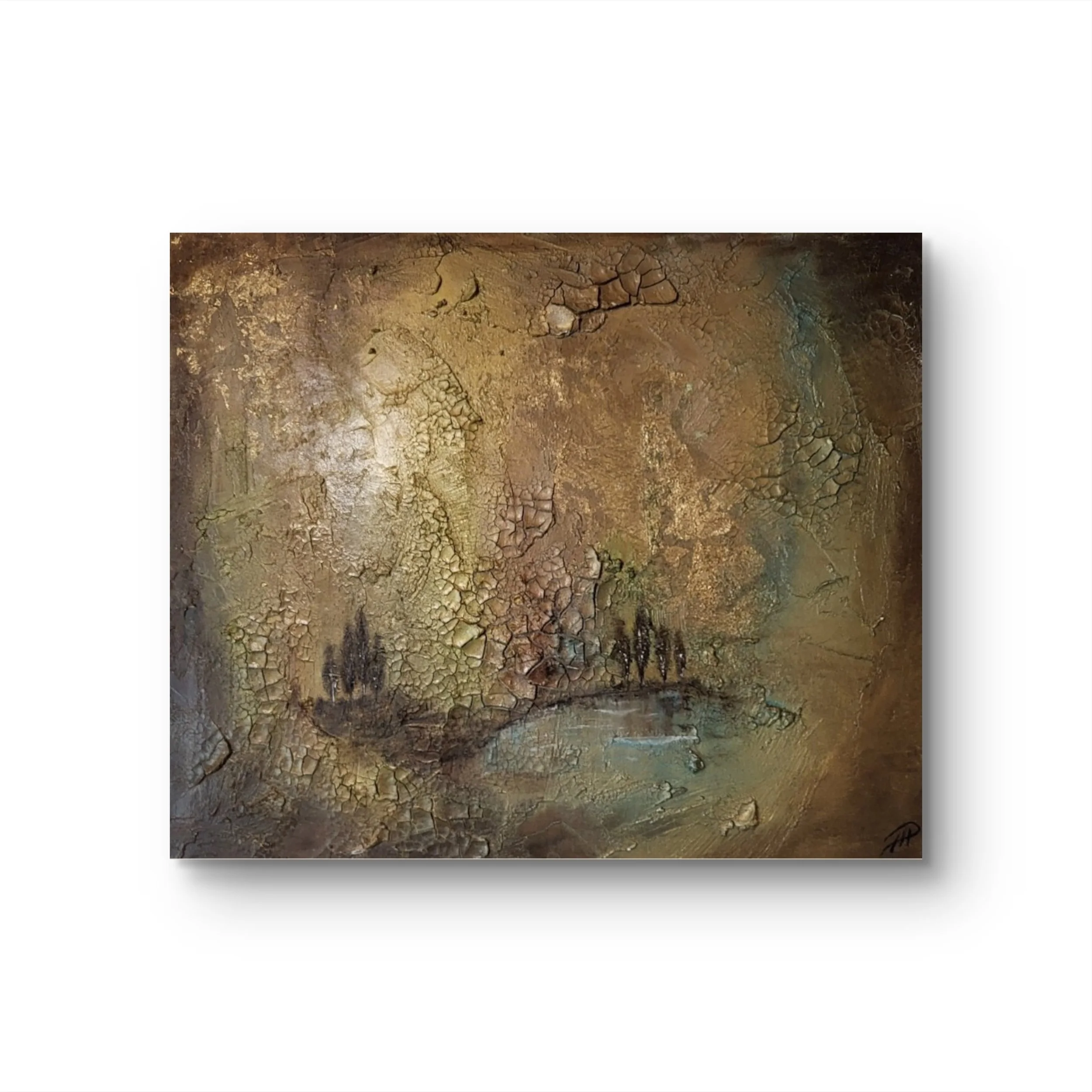 Secret Place – Original-Gemälde von Pia Holzinger mit Marmormehl, verträumten Bäumen und einem See auf Leinwand.