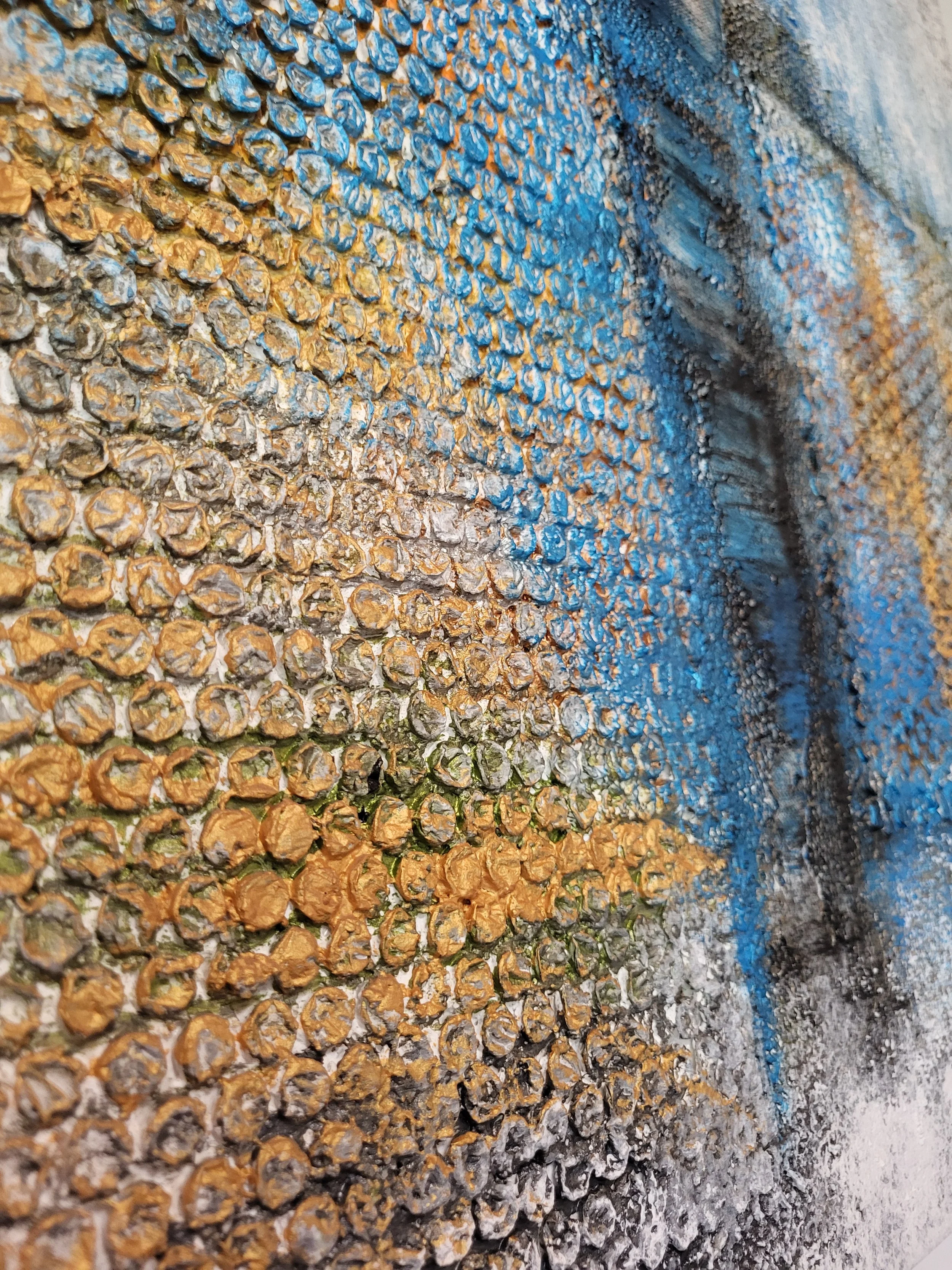 Luftpolsterfolie – Quadratisches Original-Wandobjekt von Pia Holzinger mit eingearbeiteter Luftpolsterfolie und Strukturpaste auf Leinwand.