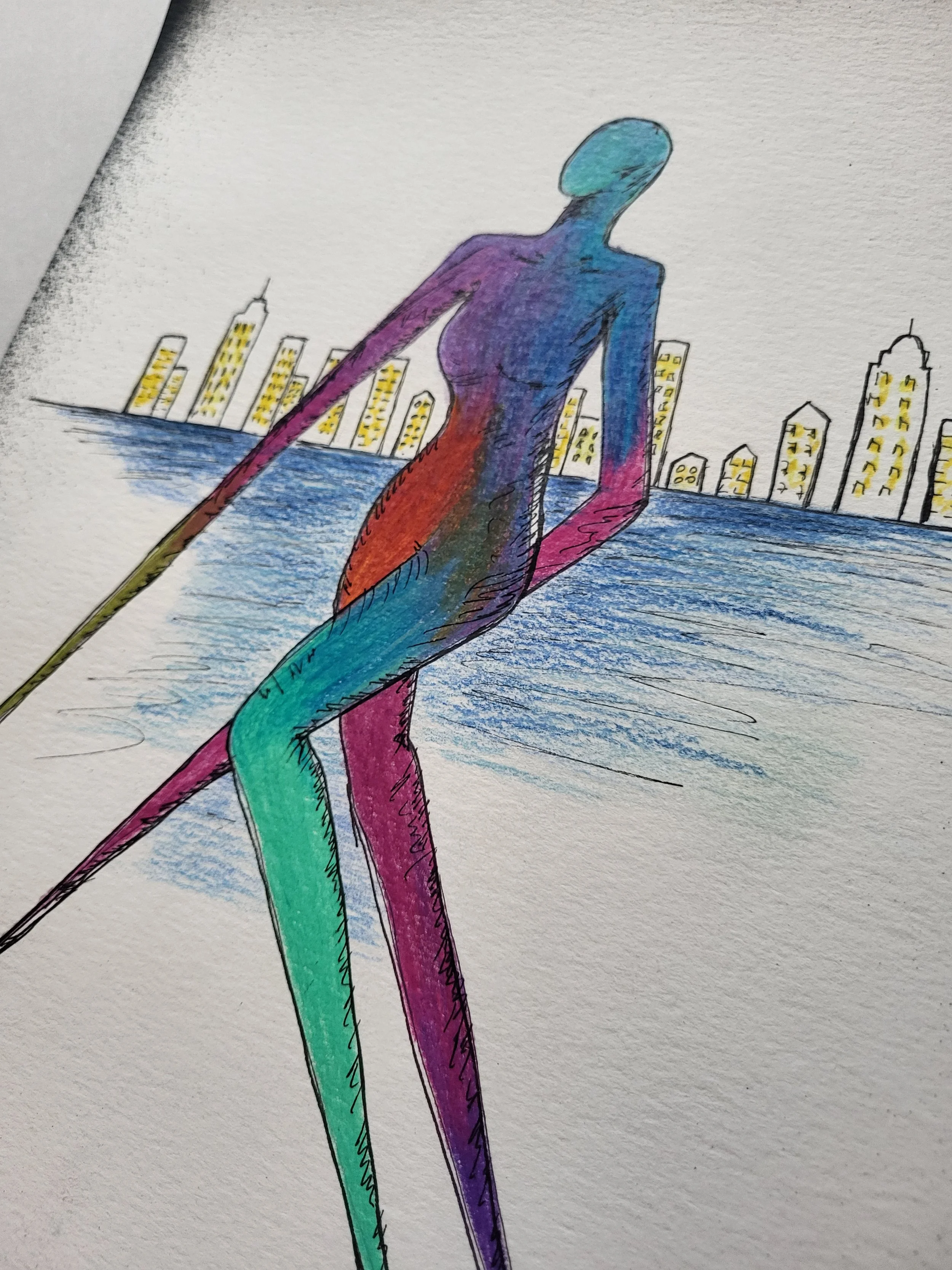 Lu in town – Original-Illustration von Pia Holzinger: Lu tanzt vor Stadt und Wasser im Format DIN A4.