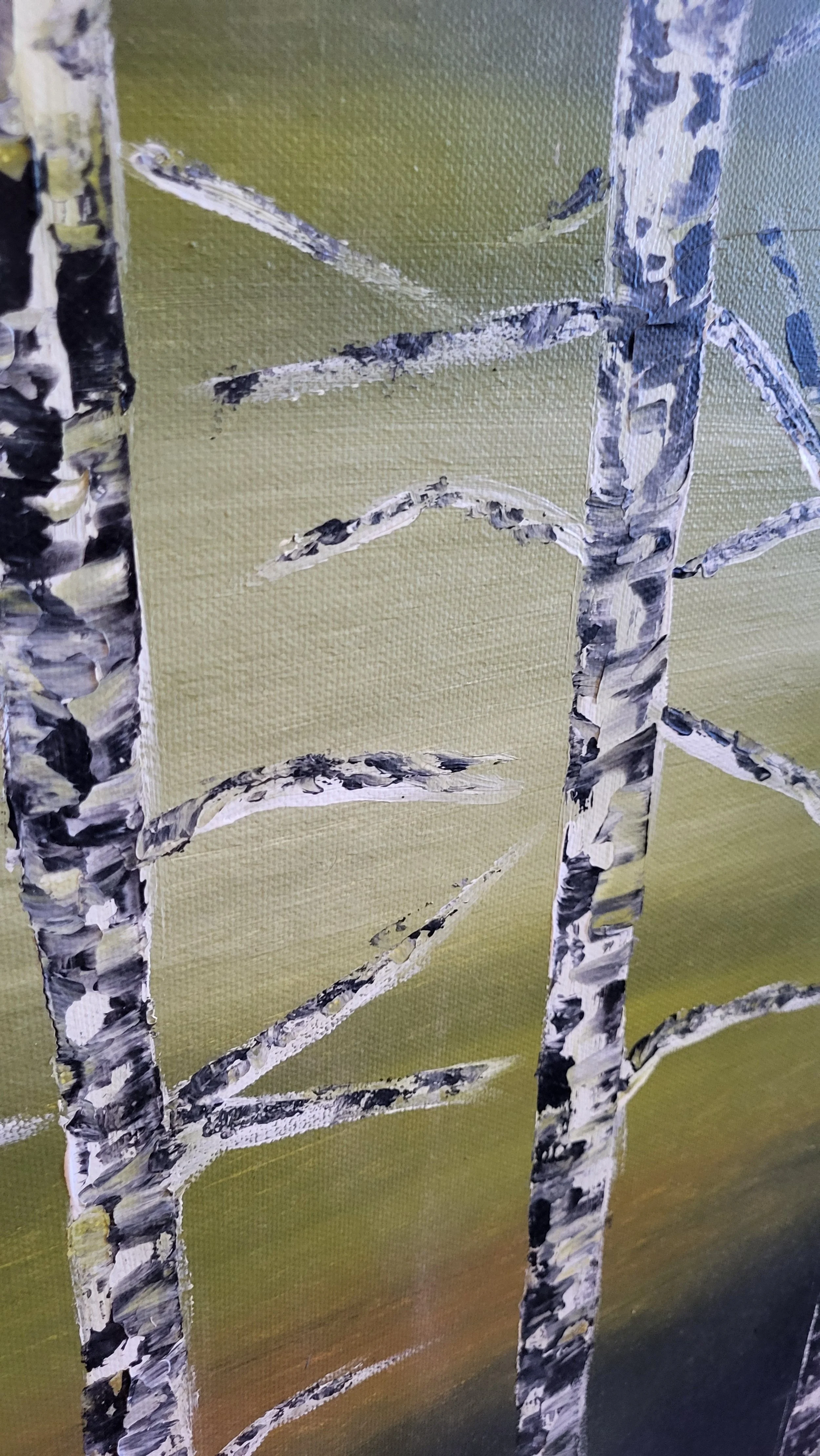 Birken bei Nacht – Atmosphärisches Original-Gemälde von Pia Holzinger, Acryl auf Leinwand.