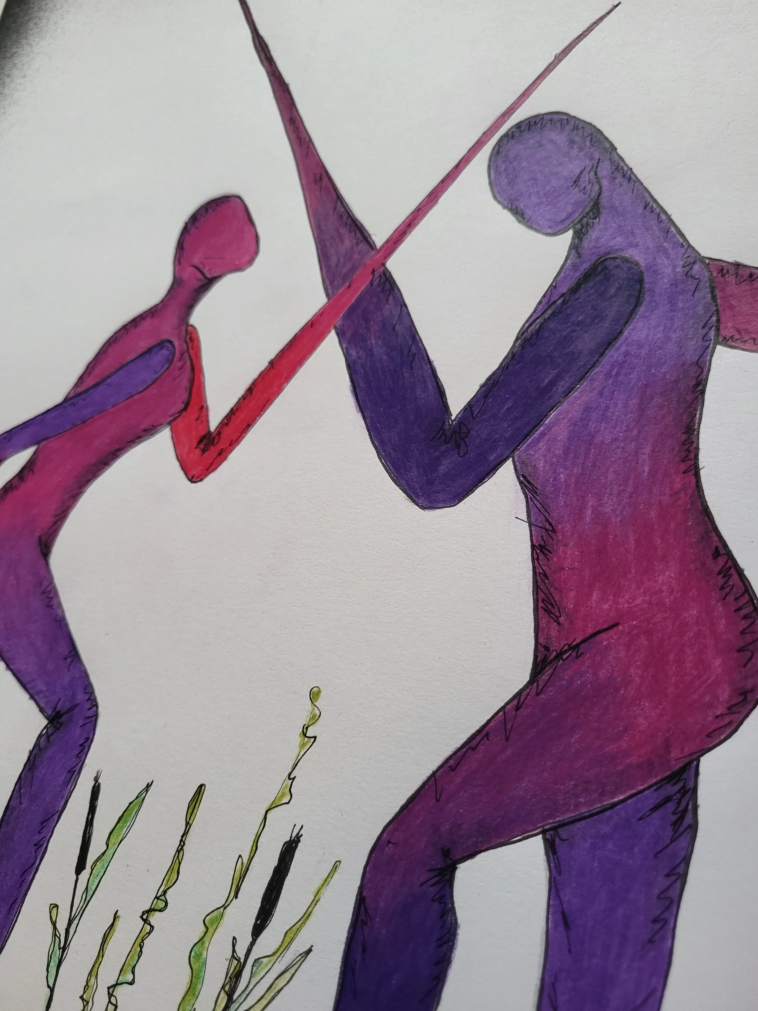 Linus & Lu Fight – Original-Illustration von Pia Holzinger: Dynamische Zeichnung eines Konflikts in Bleistift und Farbspray.