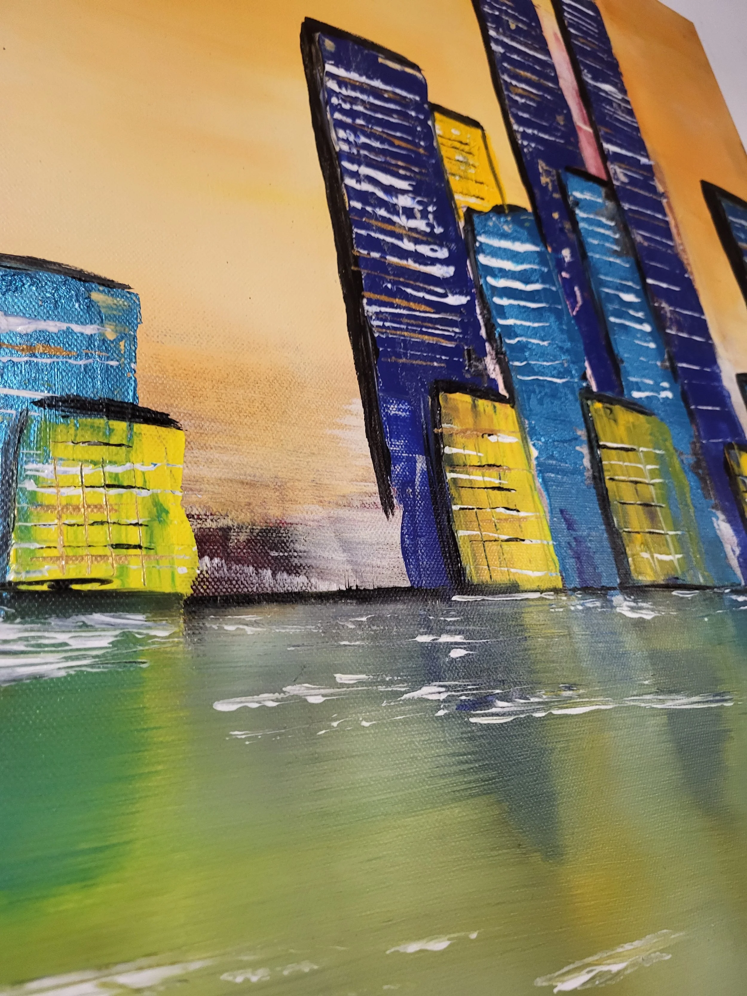 Stadt orange – Original-Gemälde einer abstrakten Stadtlandschaft von Pia Holzinger, Acryl auf Leinwand.