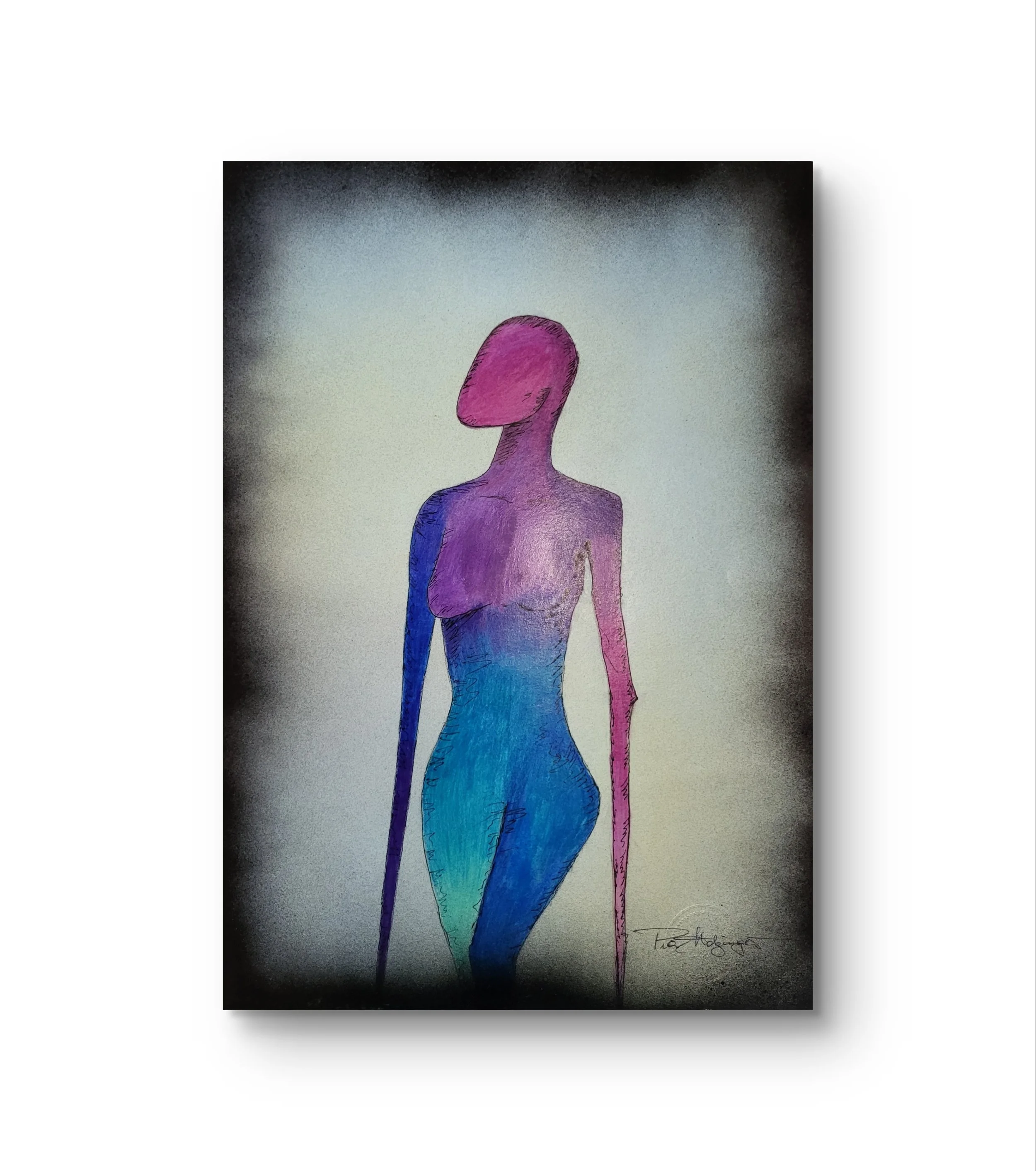 Lu allein – Original-Illustration von Pia Holzinger aus der Serie Linus & Lu, Bleistift und Farbspray auf A3.