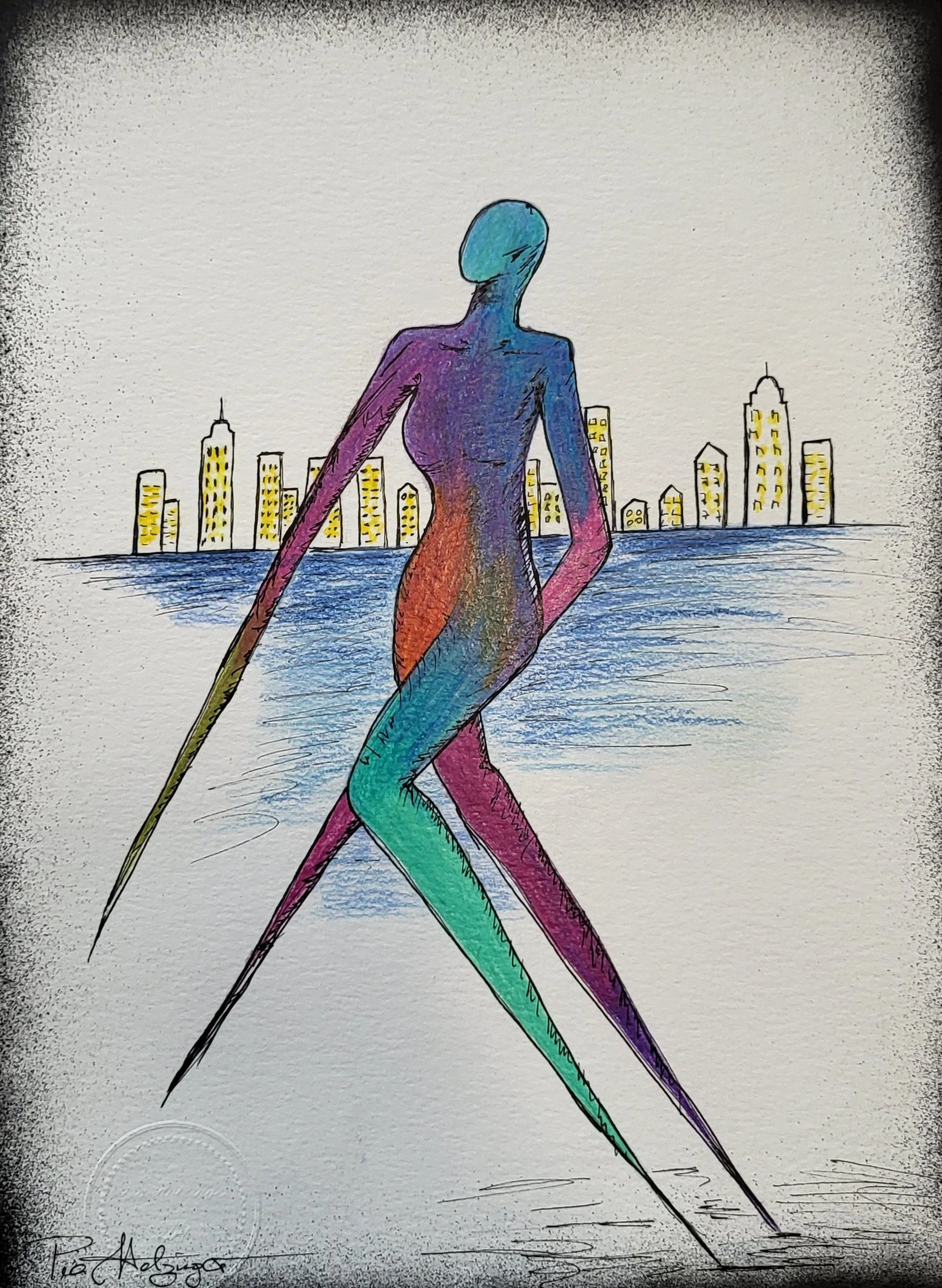 Lu in town – Original-Illustration von Pia Holzinger: Lu tanzt vor Stadt und Wasser im Format DIN A4.