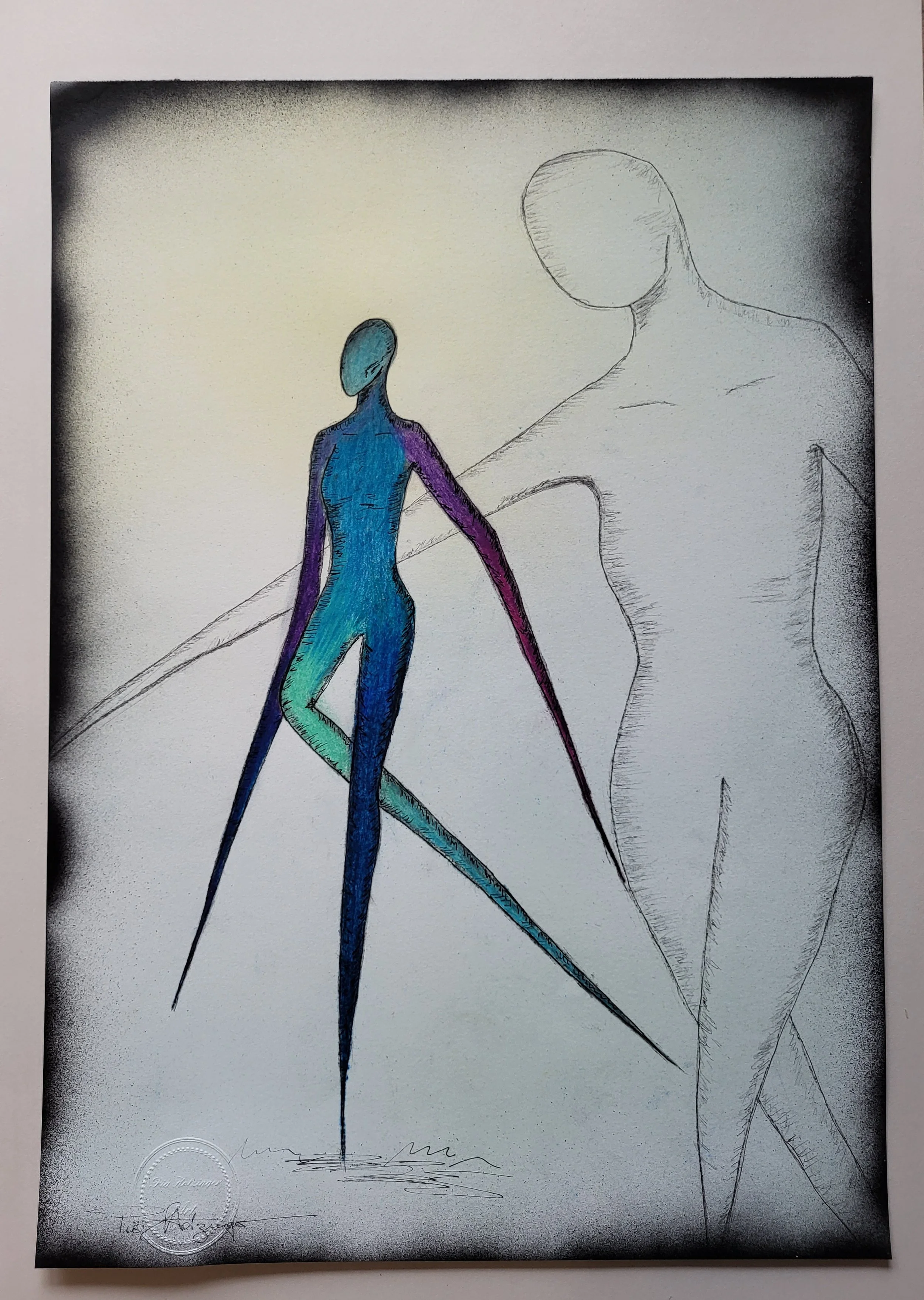 Lu memories – Original-Illustration von Pia Holzinger: Lu allein mit einer großen, durchsichtigen Silhouette im Hintergrund.