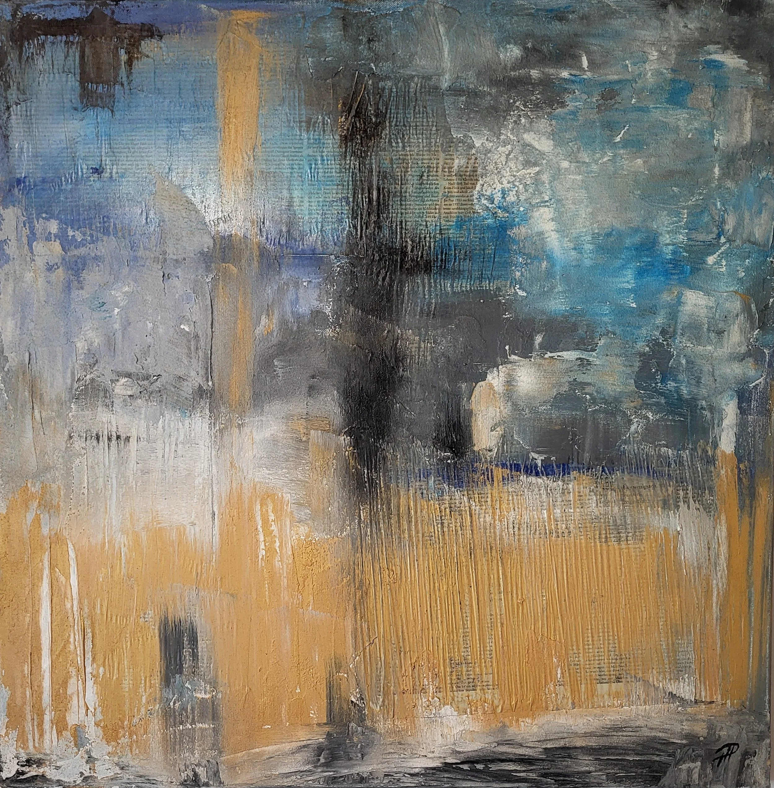 Paper – Quadratisches Original-Gemälde von Pia Holzinger mit Zeitungscollage, Acryl und Strukturpaste auf Leinwand.