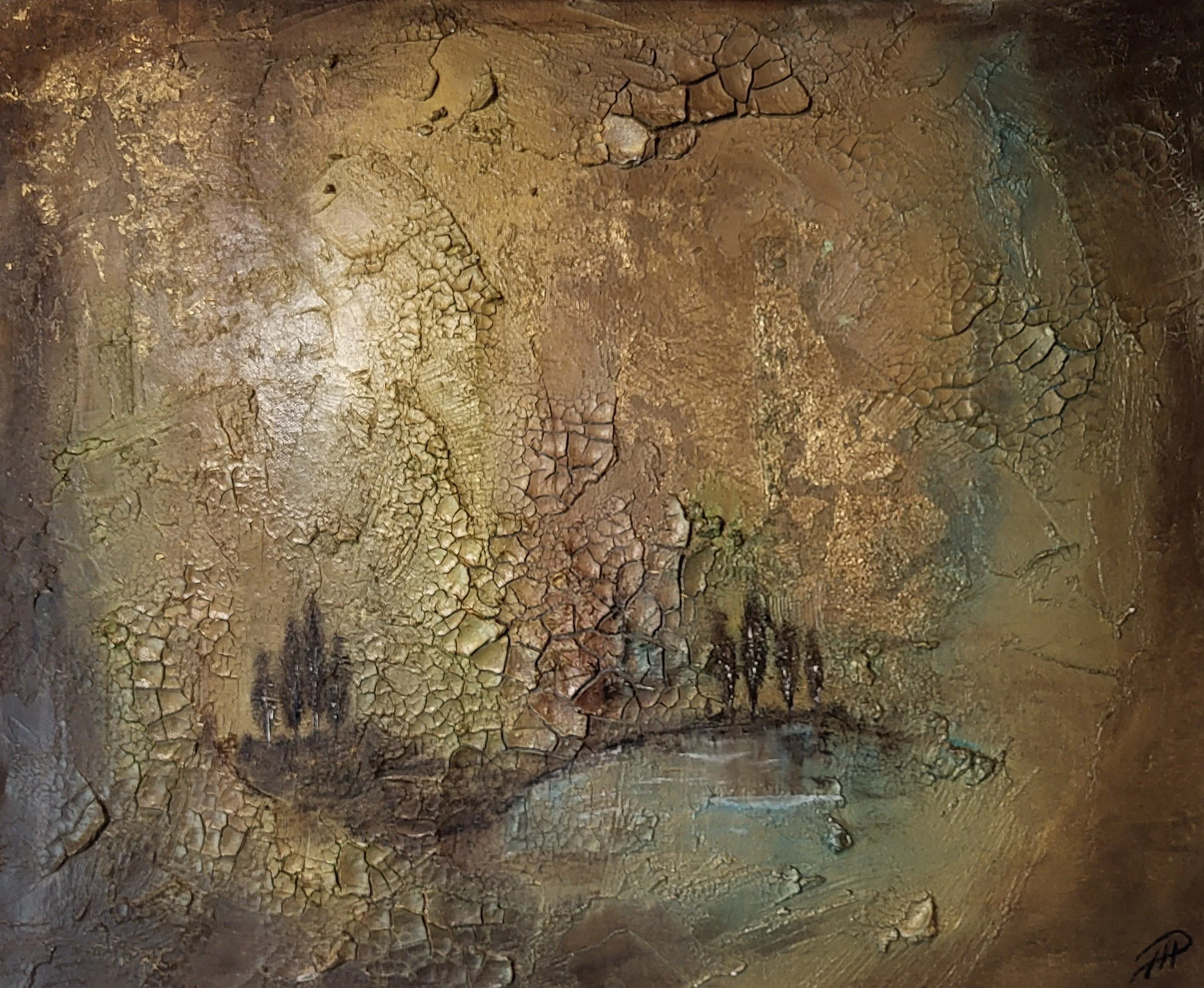 Secret Place – Original-Gemälde von Pia Holzinger mit Marmormehl, verträumten Bäumen und einem See auf Leinwand.