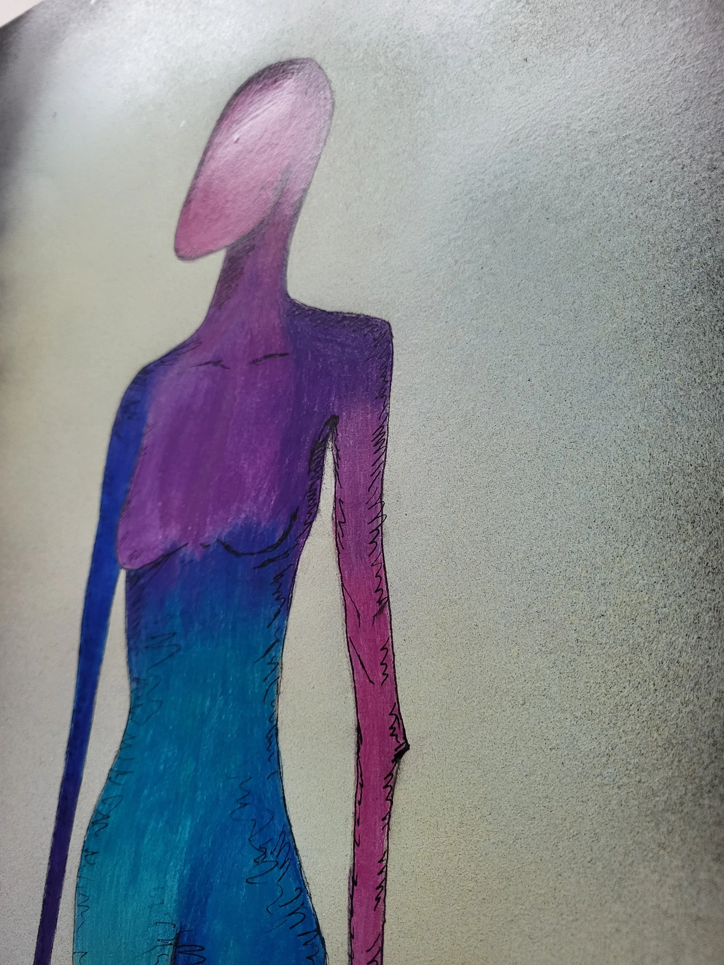 Lu allein – Original-Illustration von Pia Holzinger aus der Serie Linus & Lu, Bleistift und Farbspray auf A3.