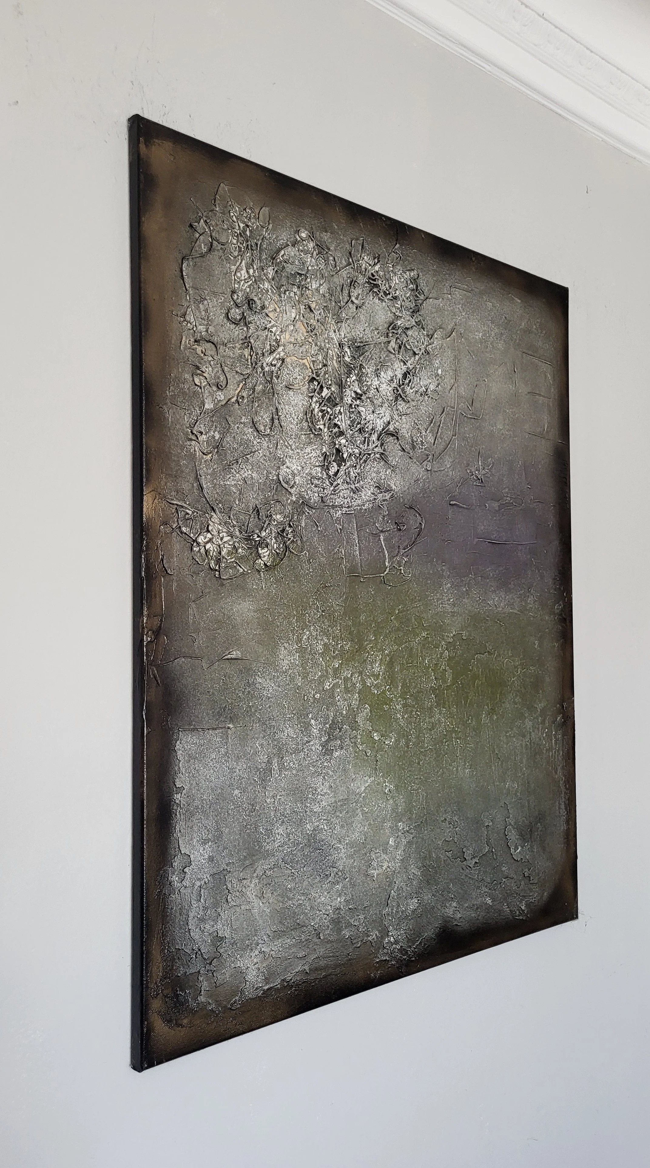 Pia Holzinger Art – Grünstich – Abstraktes Acrylgemälde 70x90 cm – Strukturpaste auf Leinwand – Unikat