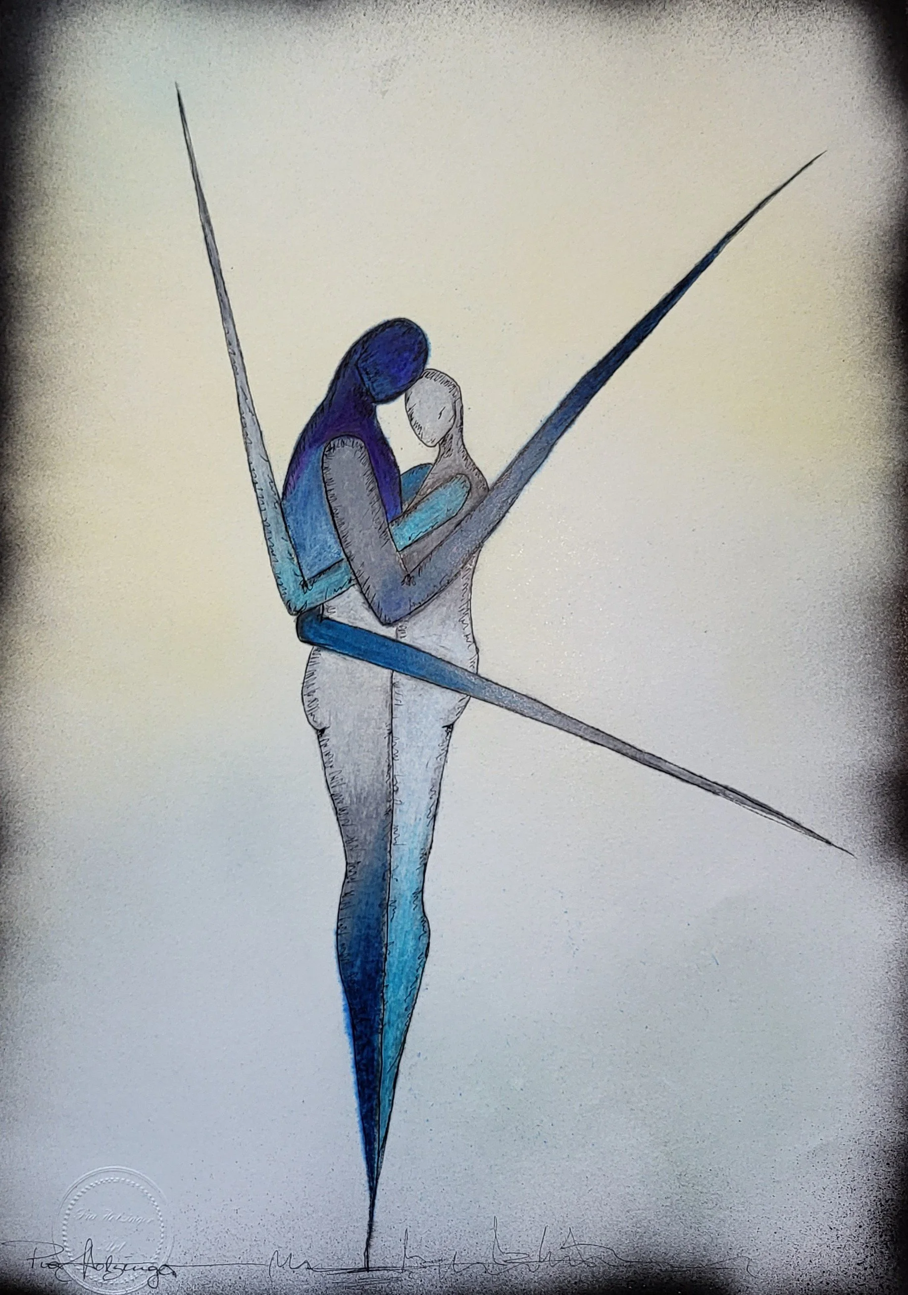 Linus & Lu Harmonie – Original-Illustration von Pia Holzinger, Zeichnung mit Bleistift, Fasermaler und Farbspray.