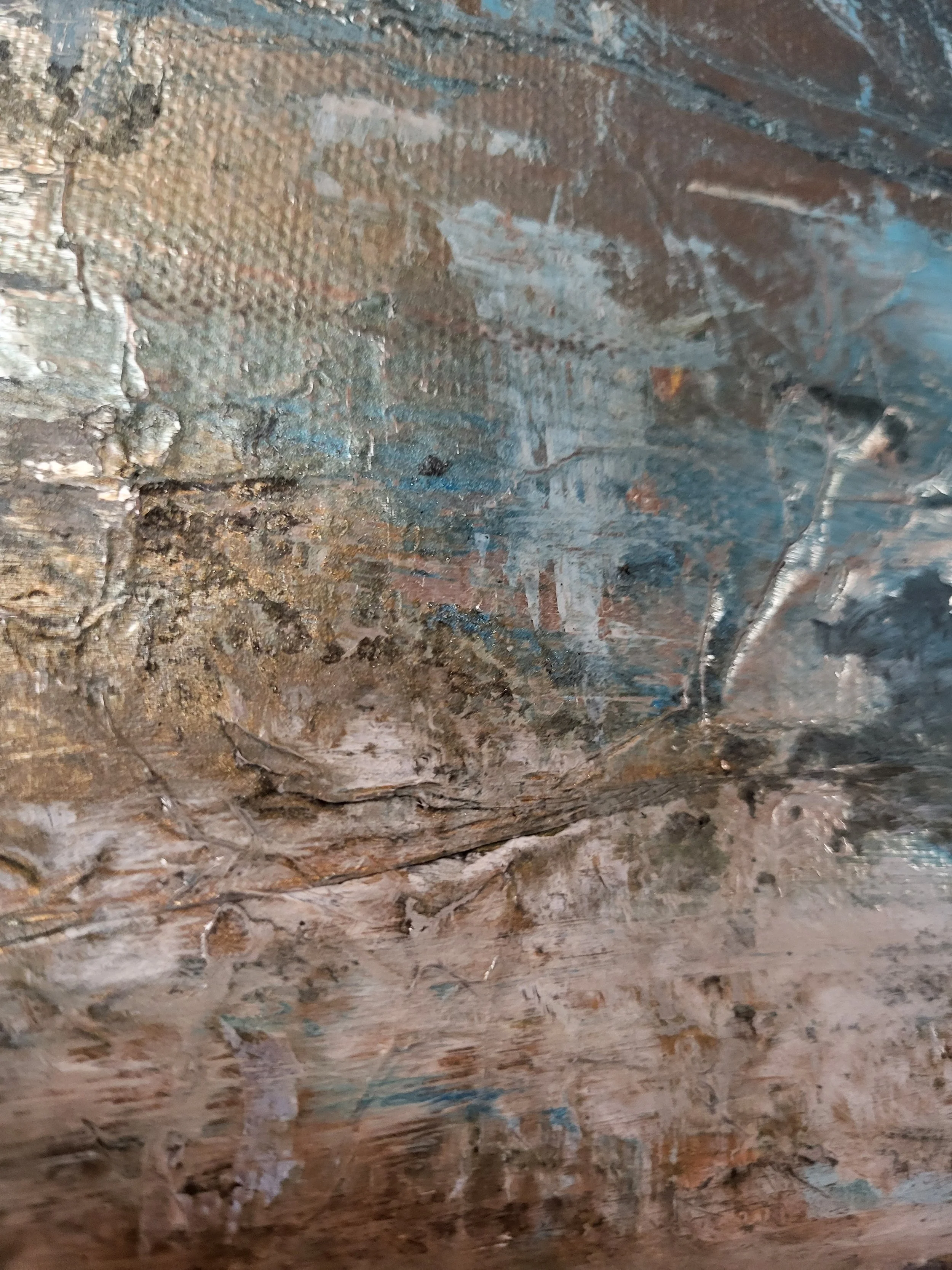 Reflection – Abstraktes Original-Wandobjekt von Pia Holzinger mit eingearbeiteter Alufolie und Strukturpaste auf Leinwand.