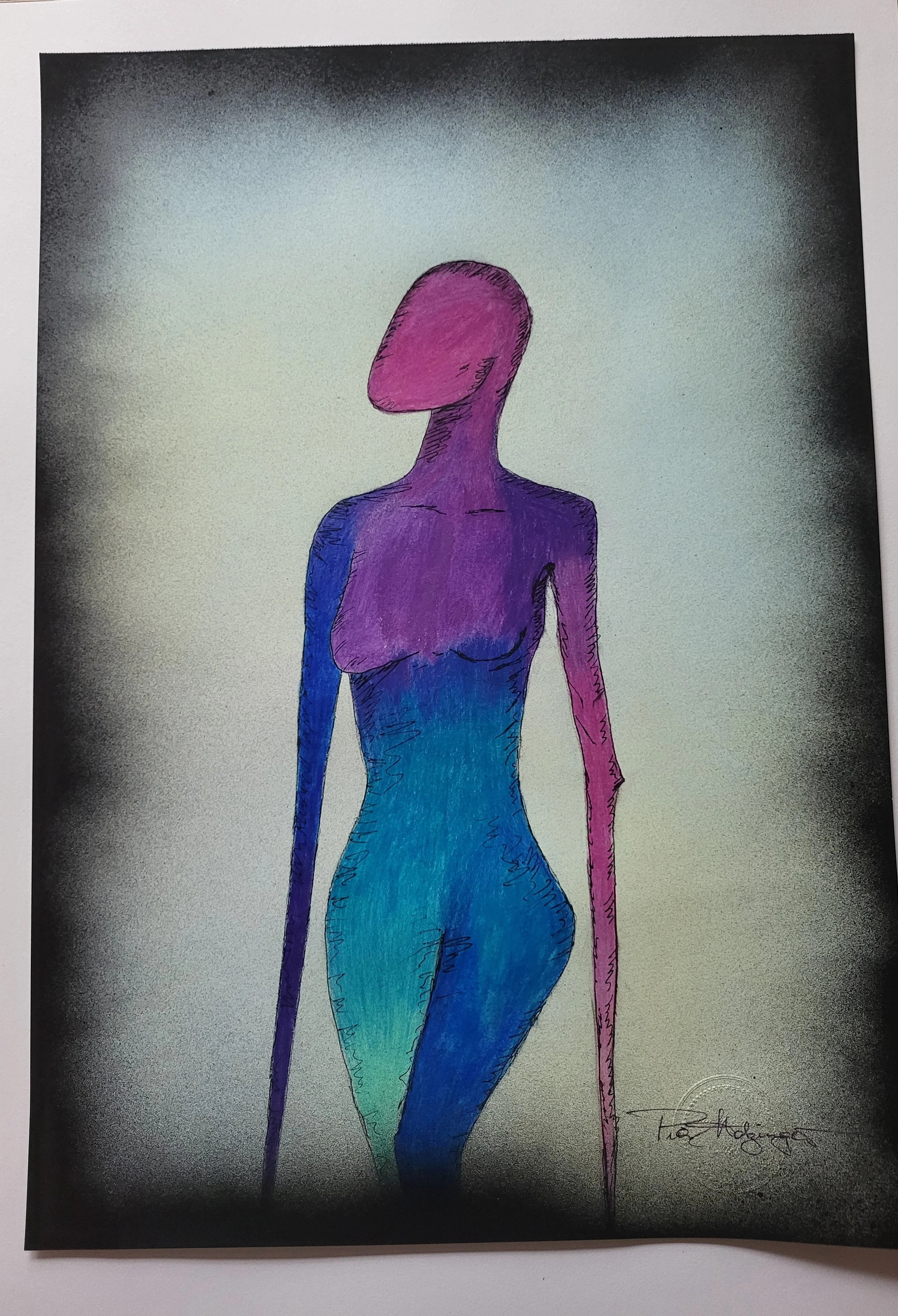 Lu allein – Original-Illustration von Pia Holzinger aus der Serie Linus & Lu, Bleistift und Farbspray auf A3.