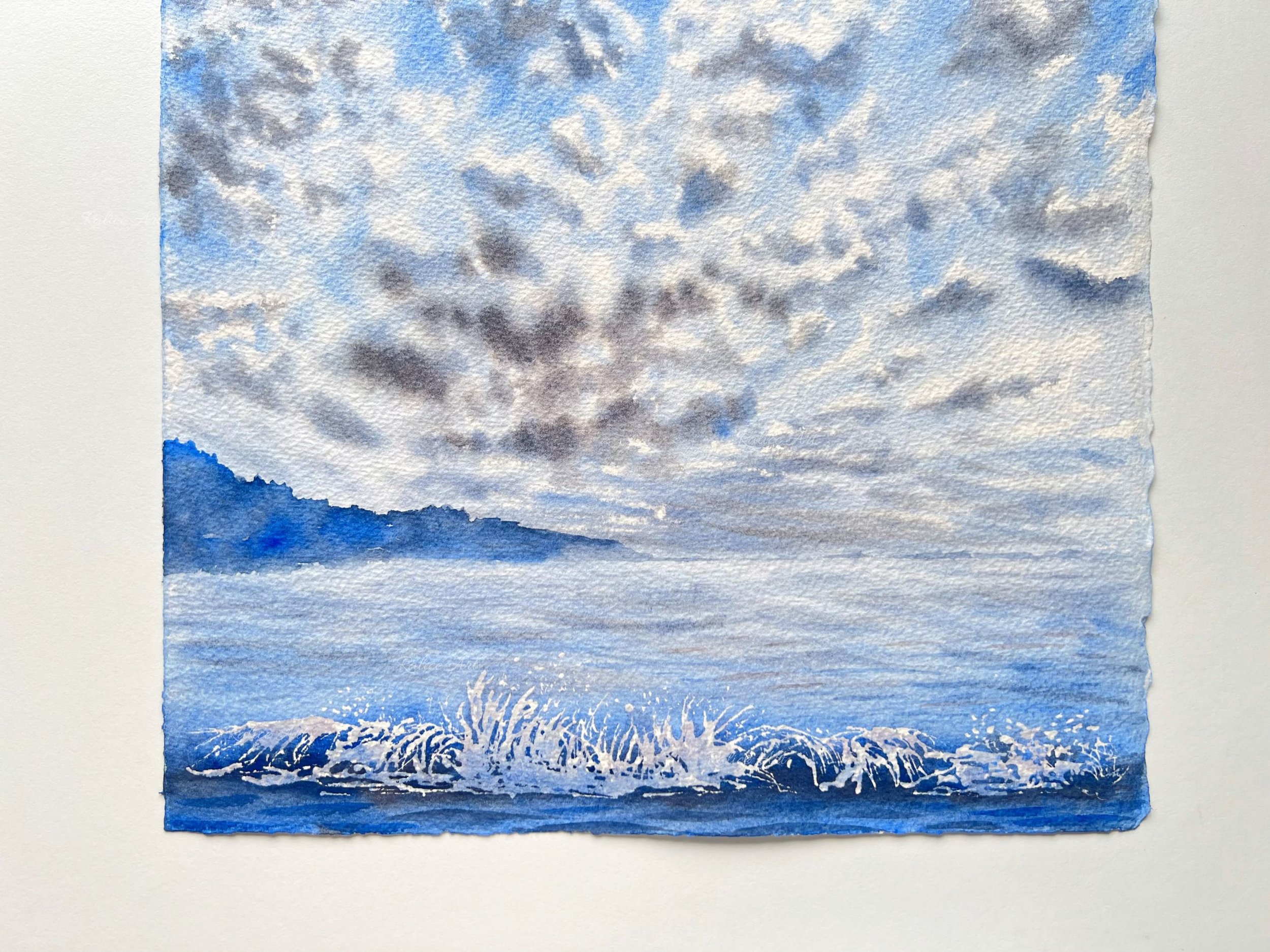 Fluffy Cirrocummulus Clouds Original Watercolour Painting on Paper by Ralitsa Arnaudova Ralice Art unframed closeup of the bottom