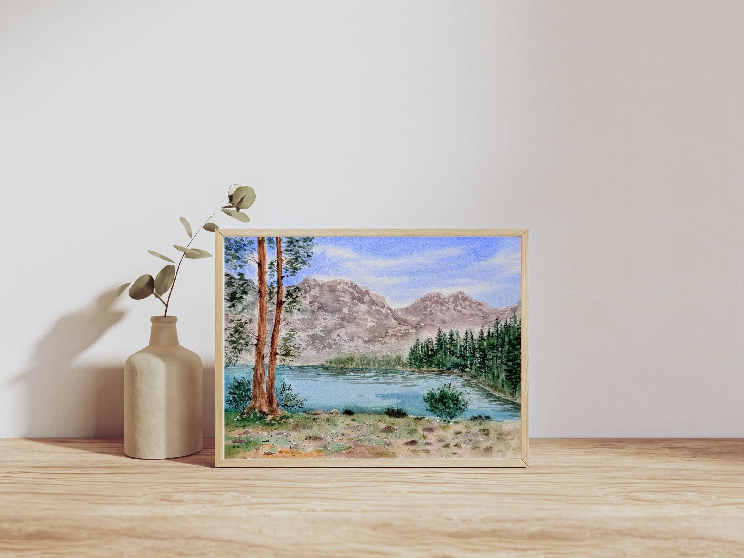 Original Watercolor Mountain Lake Painting, Pine Trees and Alpine Peaks, Serene Nature Landscape, Hand Painted Calm Wall Art