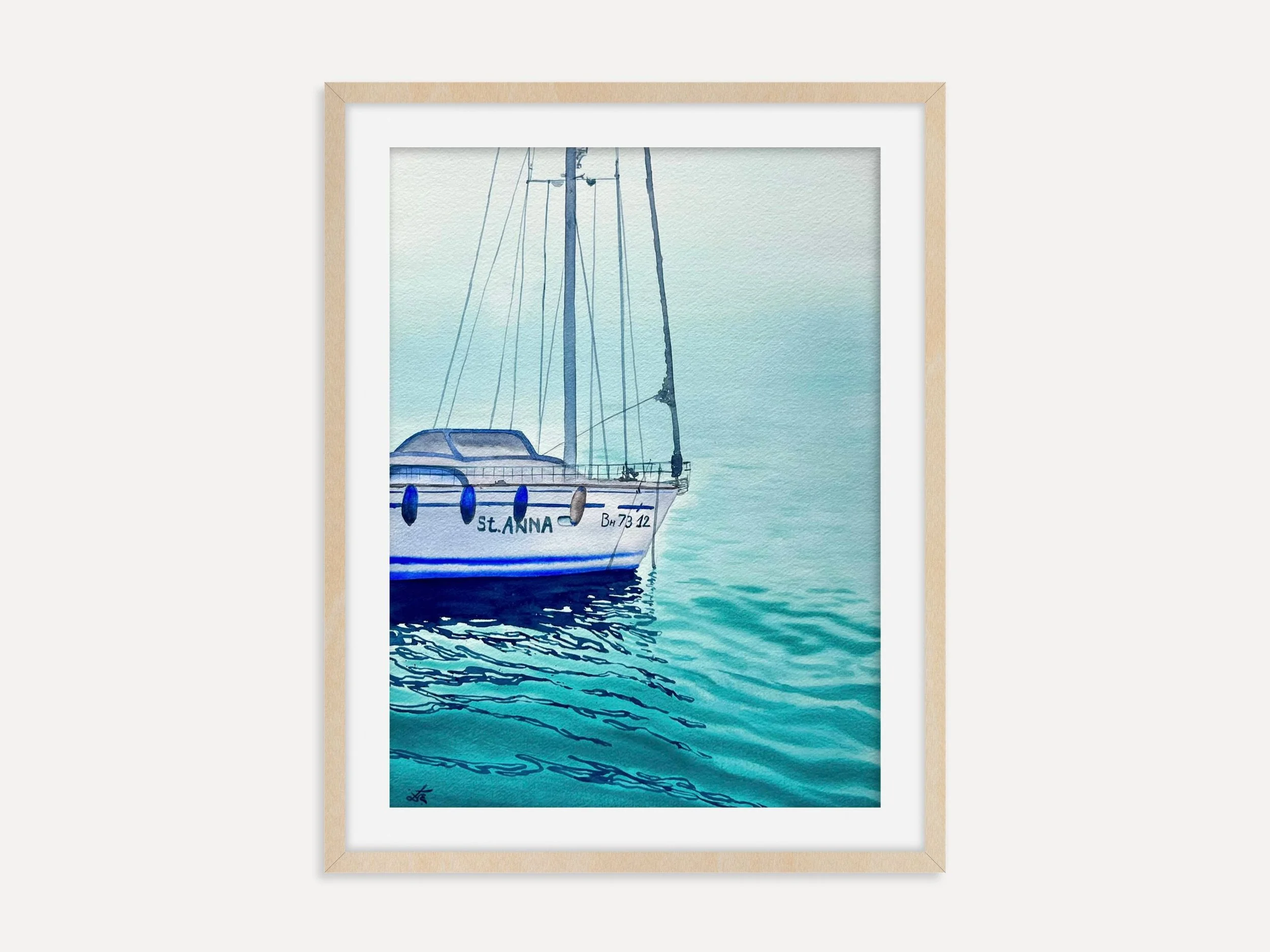 St. Anna - Original Watercolor Painting of a Blue Sailboat