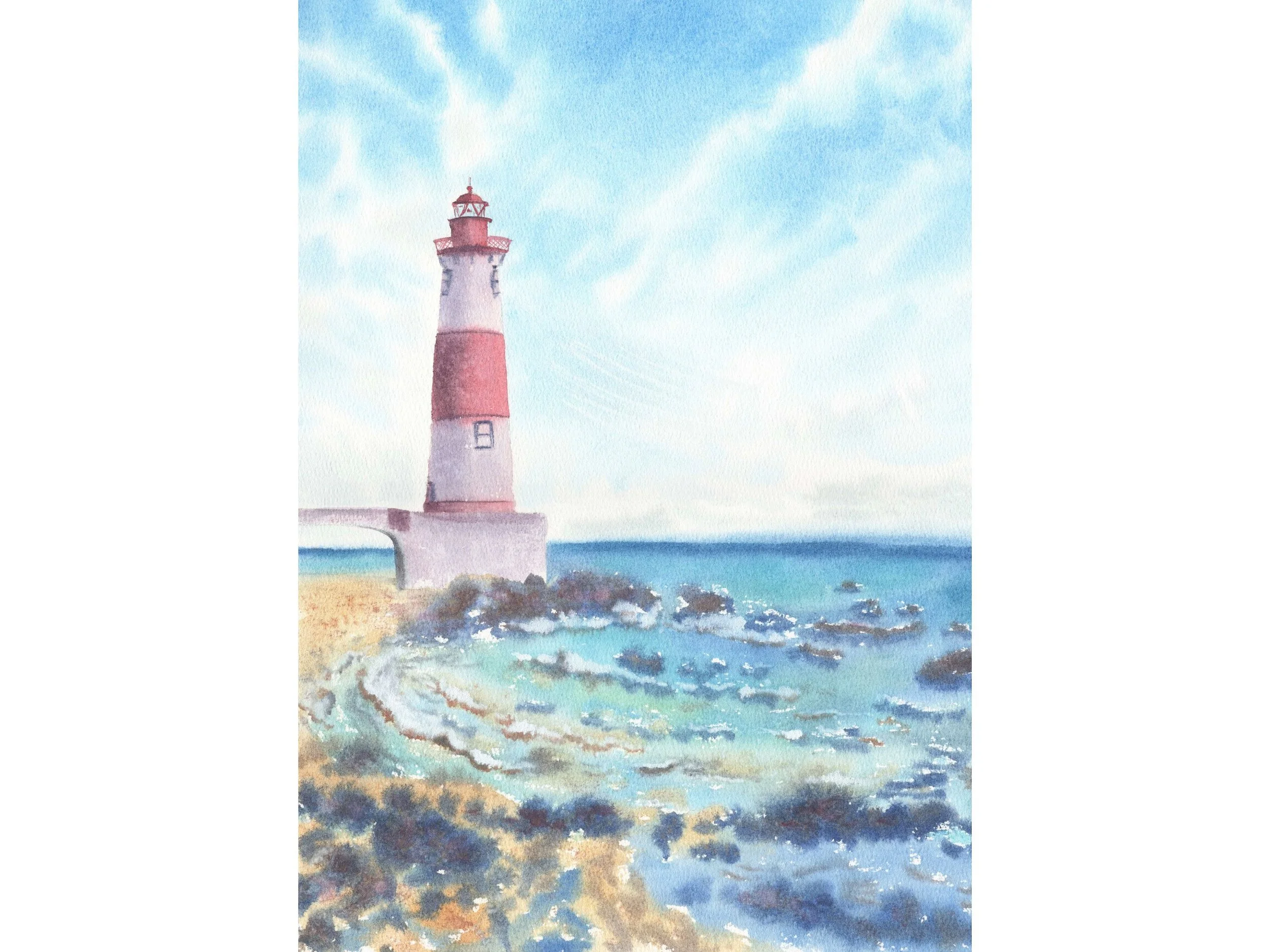 Coastal Lighthouse Archival Art Print, Watercolor Lighthouse Painting, Nautical Wall Art, Ocean Landscape Decor.jpg